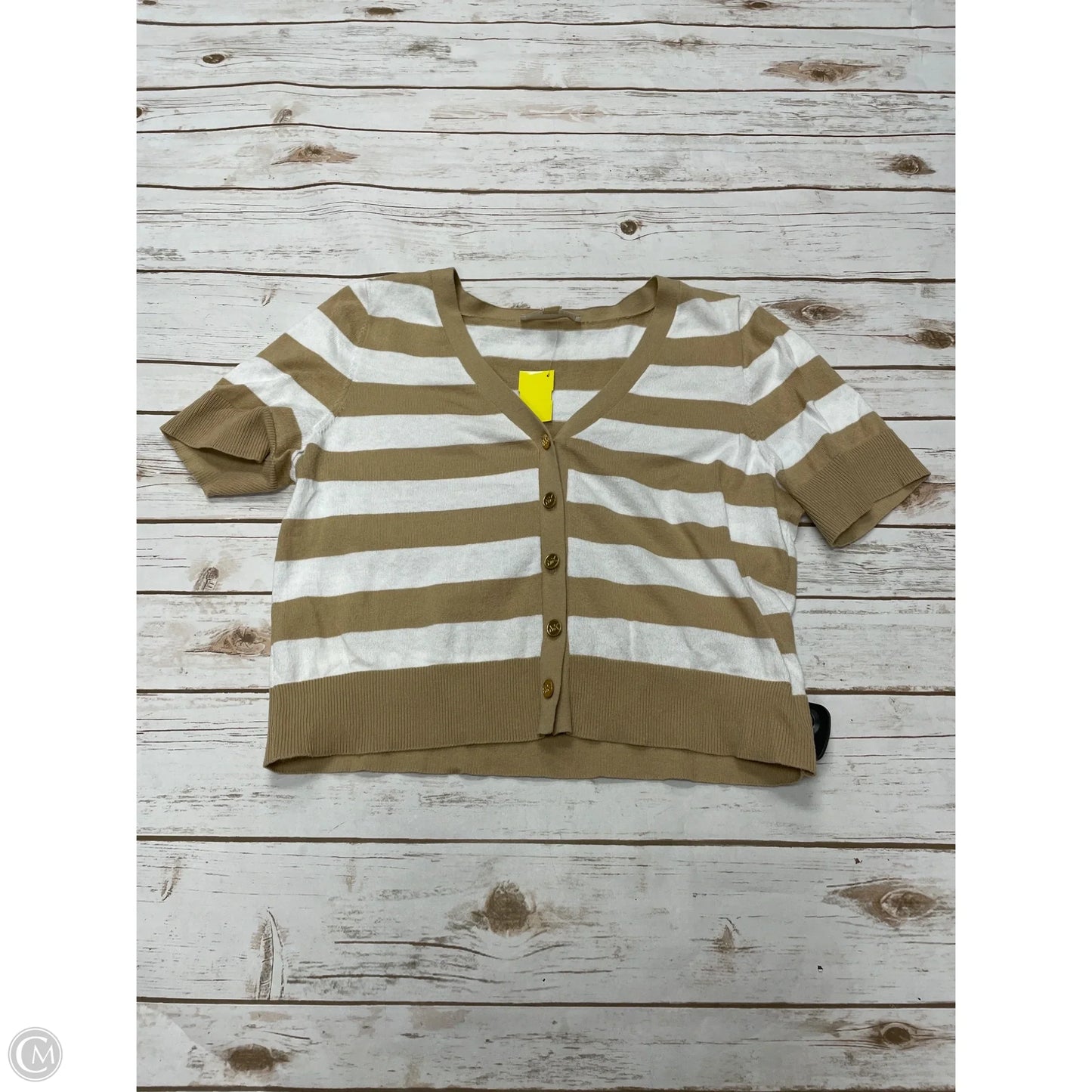 Sweater Cardigan Designer By Michael Kors In Tan & White, Size: L