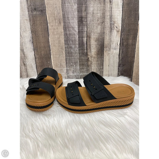 Sandals Heels Wedge By Crocs In Black & Brown, Size: 9