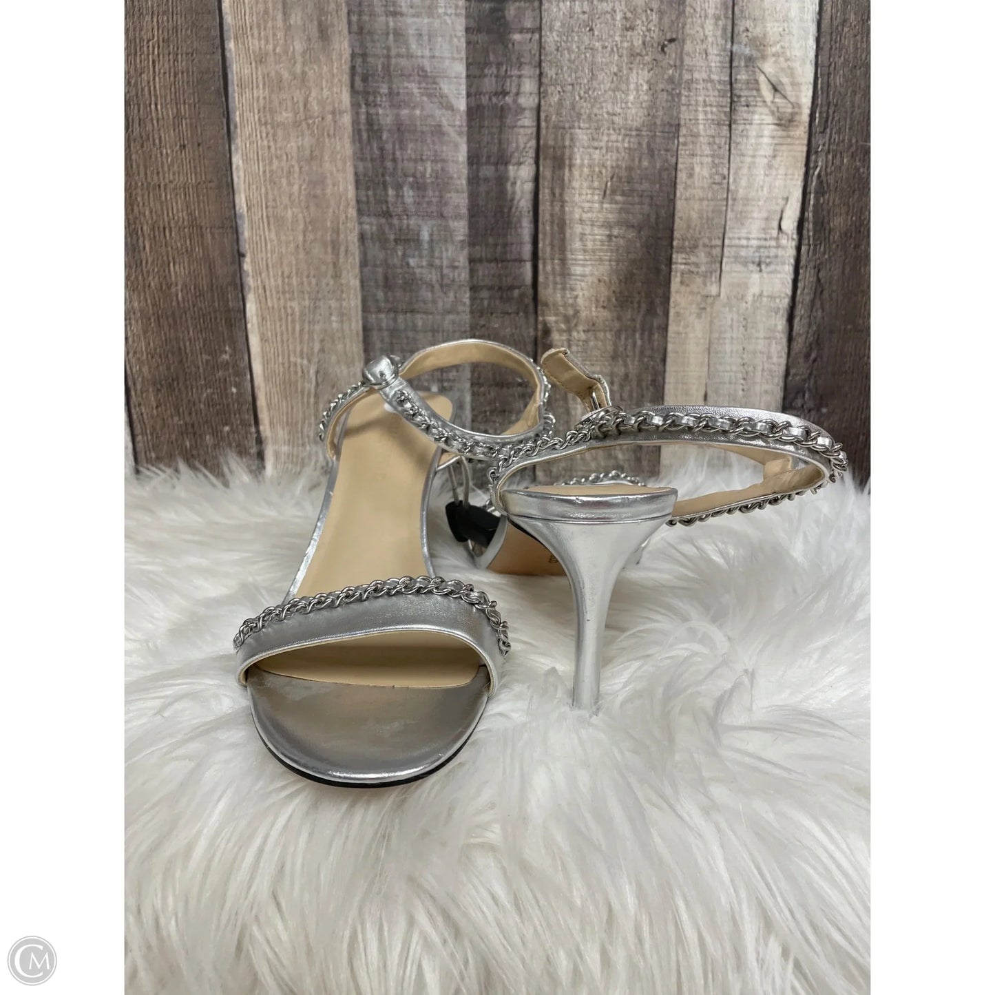 Sandals Heels Stiletto By Karl Lagerfeld In Silver, Size: 10