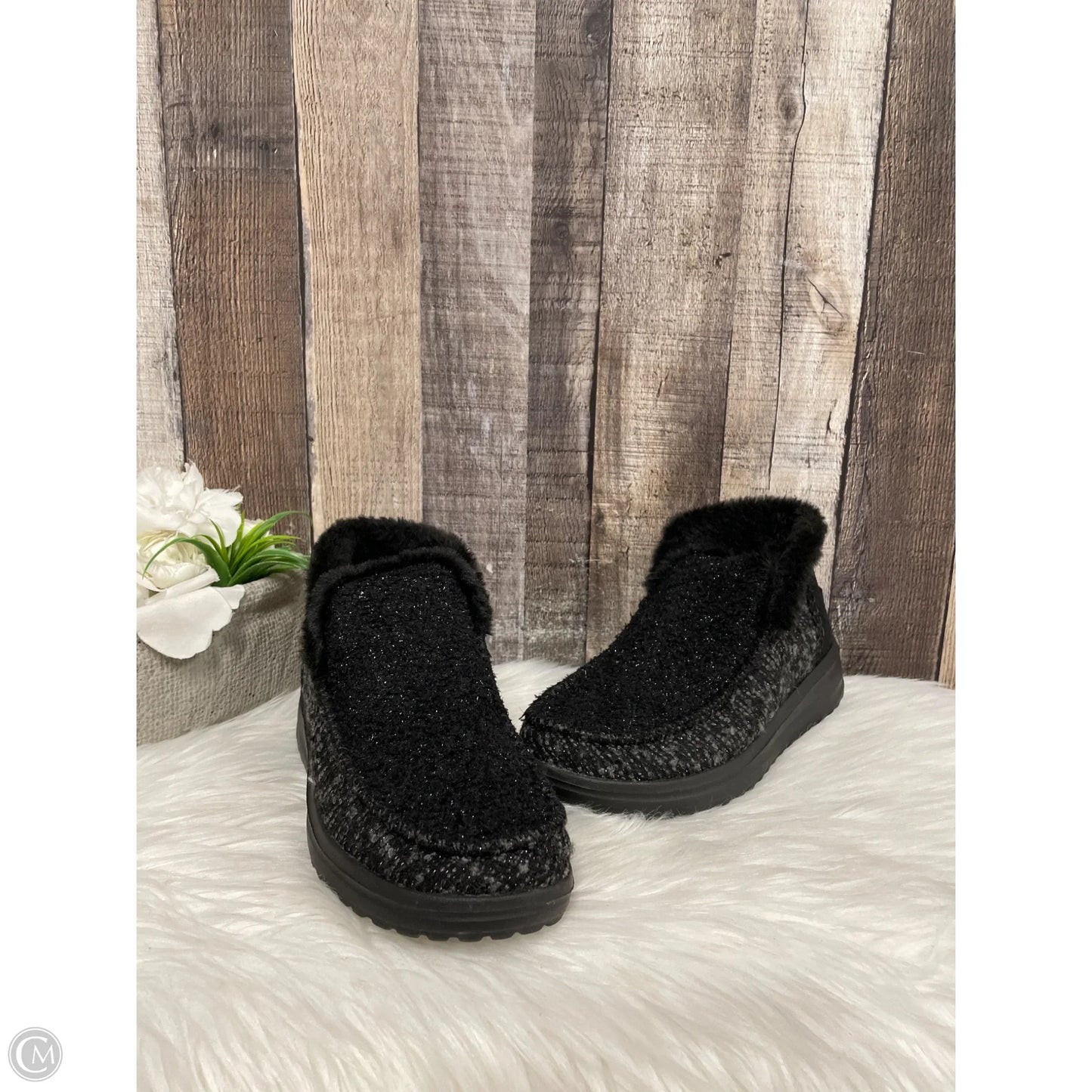 Boots Ankle Flats By Hey Dude In Black & Silver, Size: 7