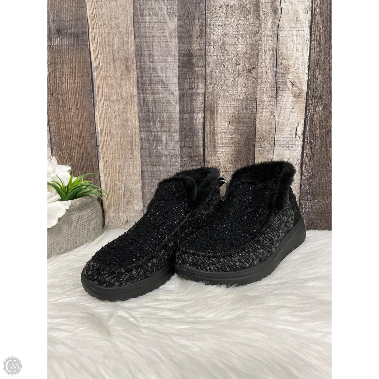 Boots Ankle Flats By Hey Dude In Black & Silver, Size: 7