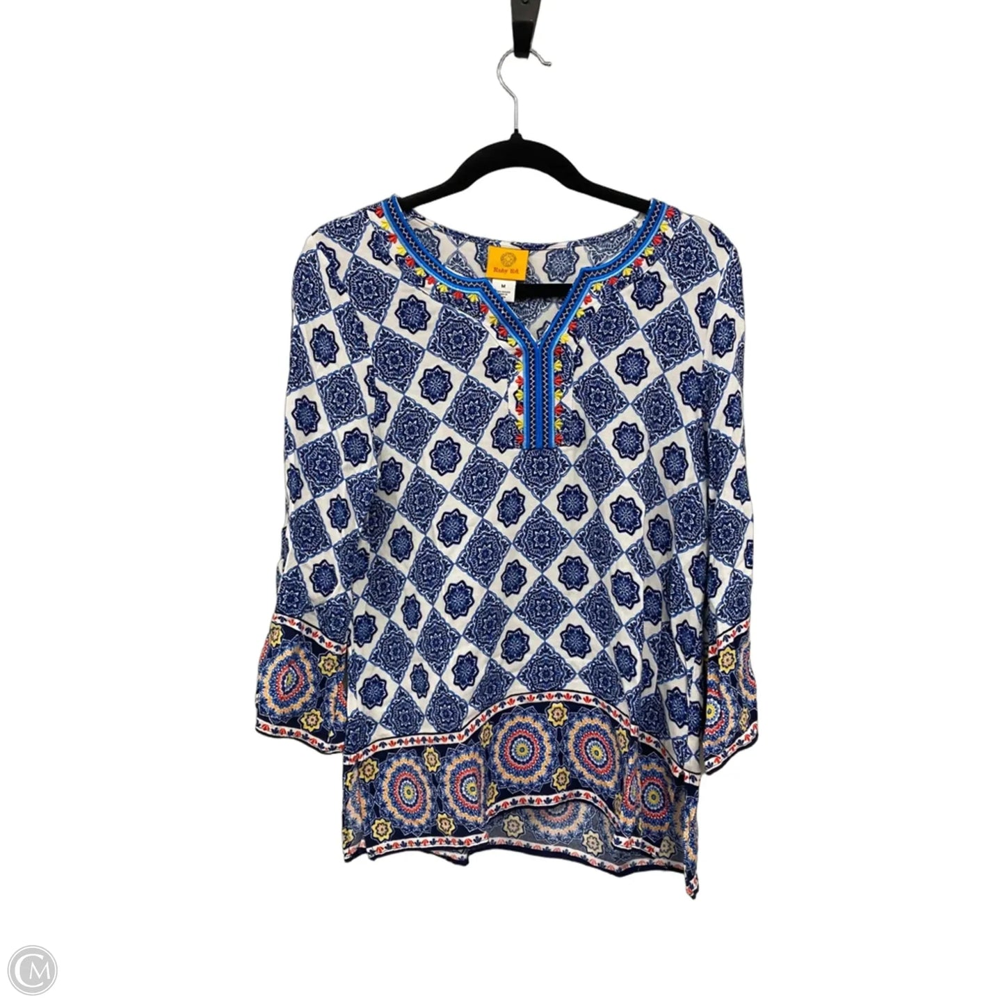 Blouse Long Sleeve By Ruby Rd In Blue & White, Size: M