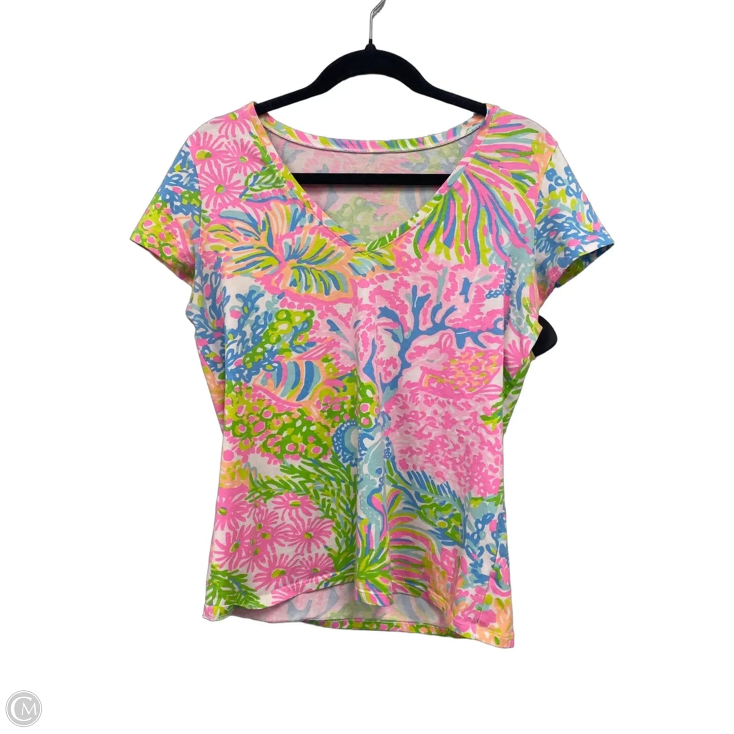 Top Short Sleeve Designer By Lilly Pulitzer In Blue & Pink, Size: M