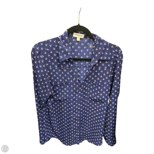 Blouse Long Sleeve By Express In Blue & White, Size: L
