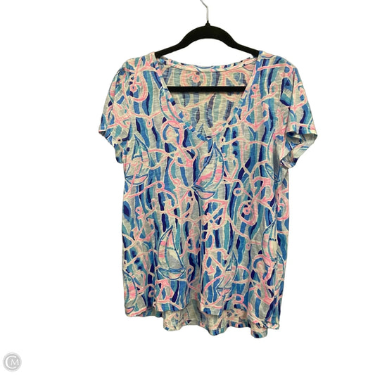 Top Short Sleeve Designer By Lilly Pulitzer In Blue & Pink, Size: L