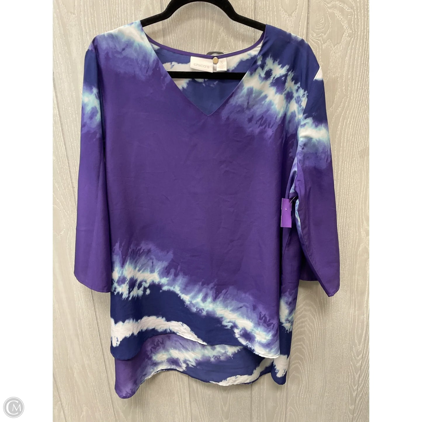 Top 3/4 Sleeve By Chicos In Purple & White, Size: Xl