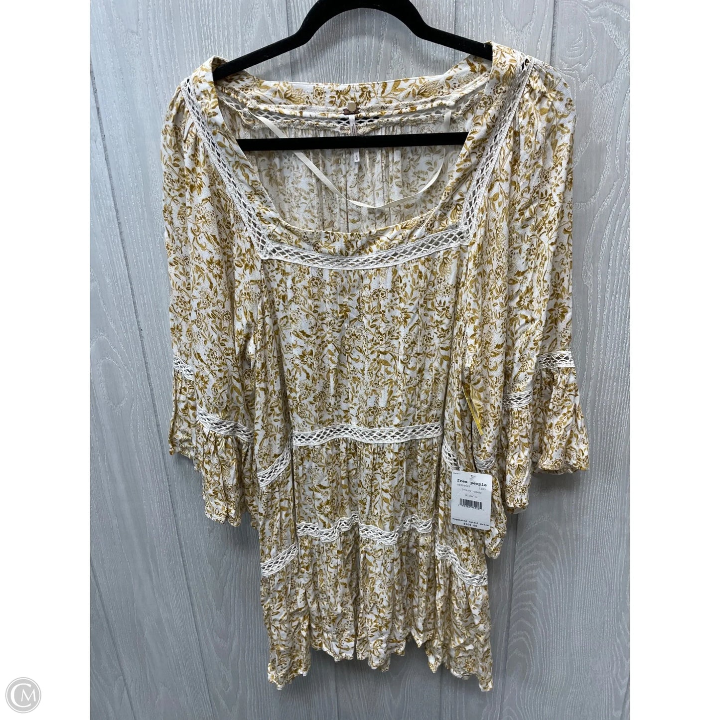 Top 3/4 Sleeve By Free People In White & Yellow, Size: L