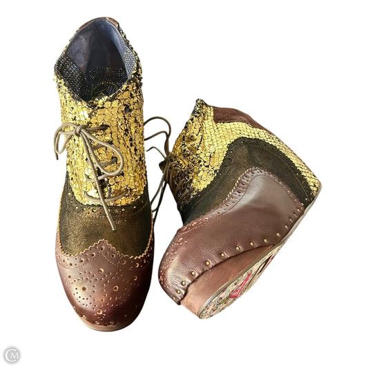 Boots Ankle Heels By Irregular Choices In Brown & Gold, Size: 11