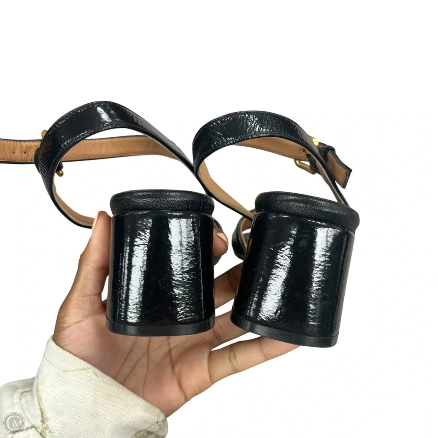 Sandals Heels Block By Mara Bini In Black & Gold, Size: 7