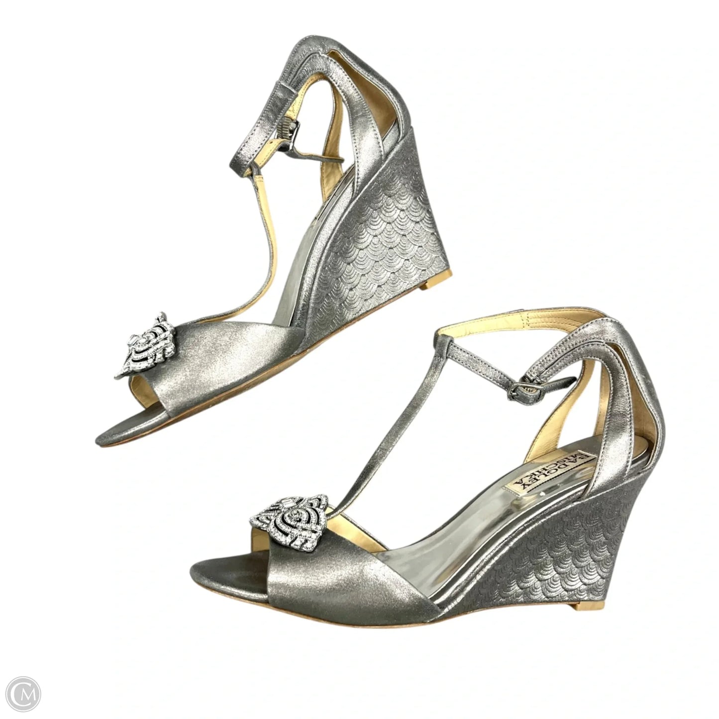 Sandals Heels Wedge By Badgley Mischka In Silver, Size: 7