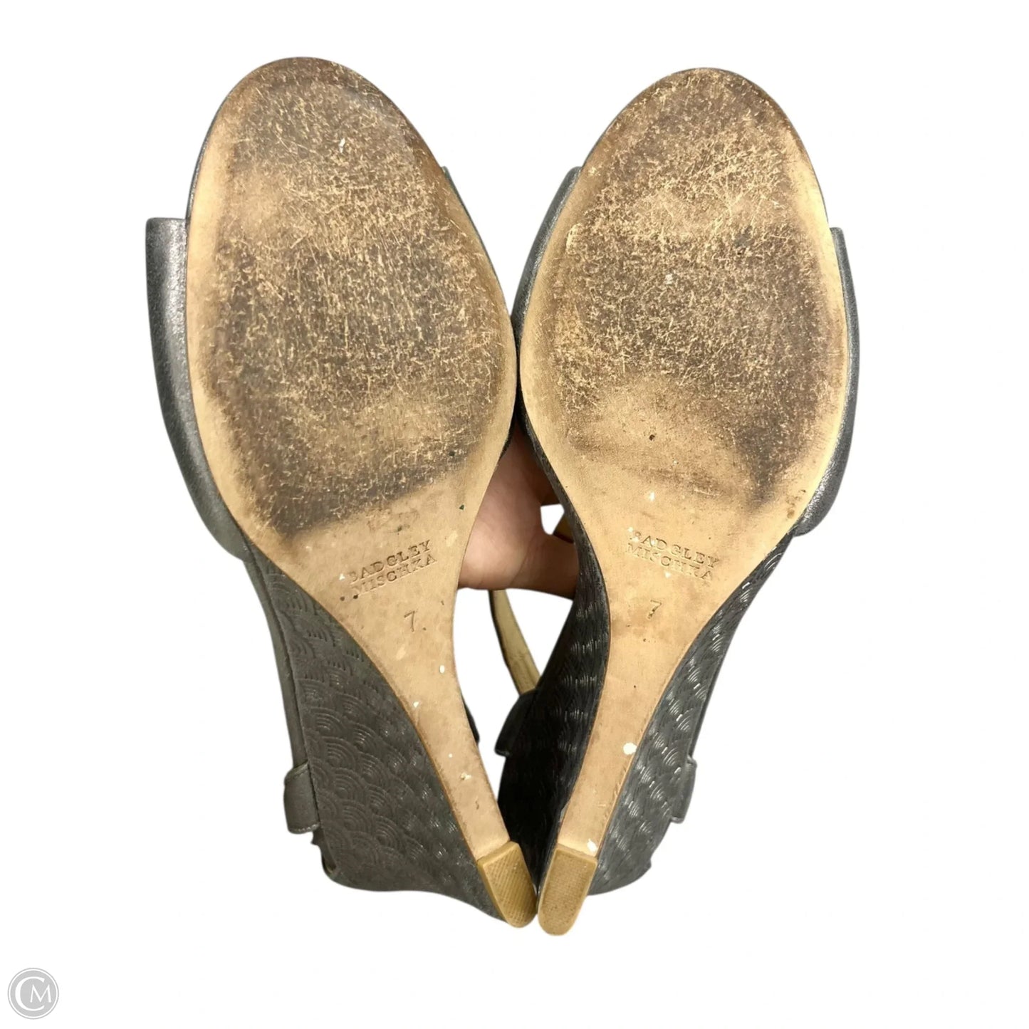 Sandals Heels Wedge By Badgley Mischka In Silver, Size: 7