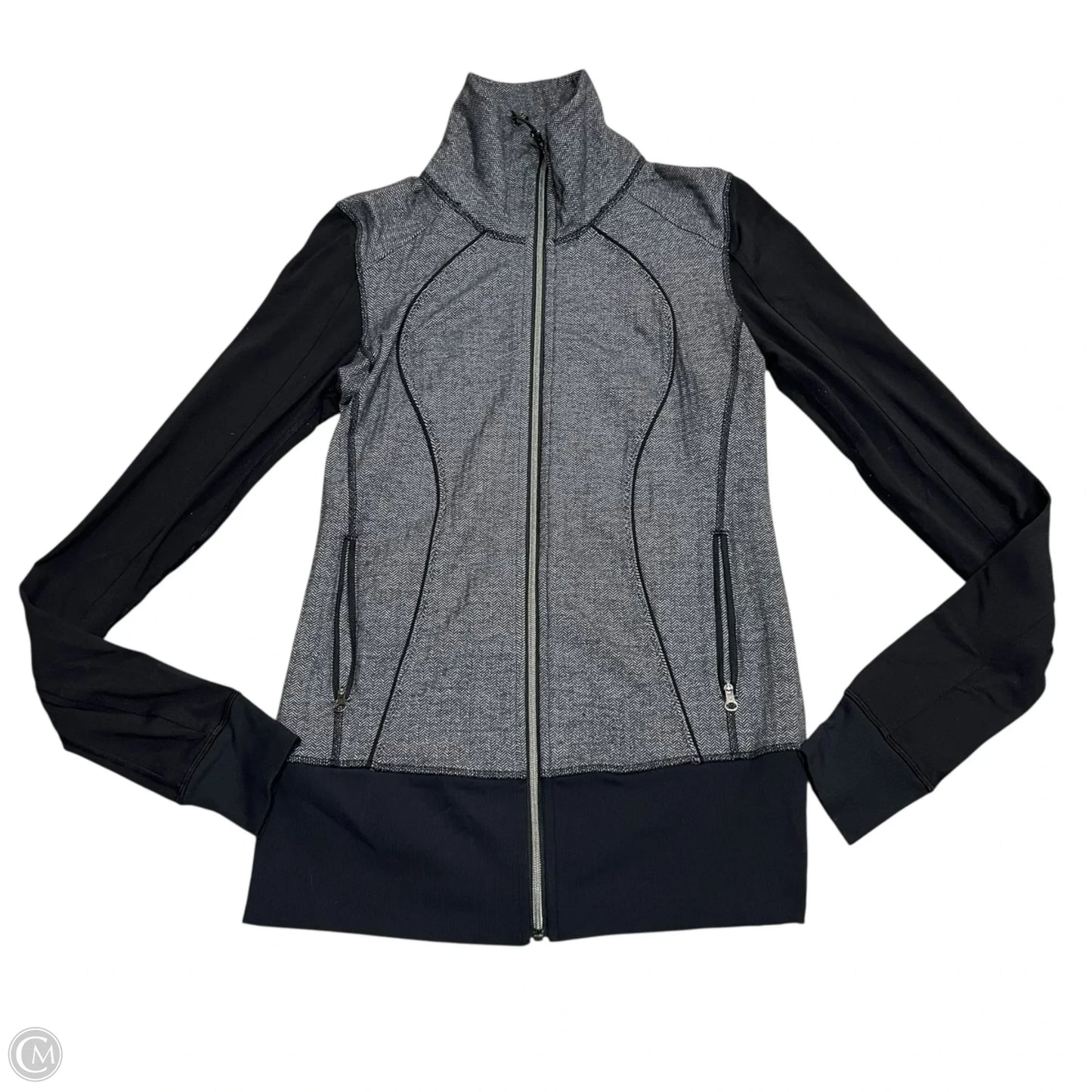 Athletic Top Long Sleeve Collar By Lululemon In Black & Grey, Size: S