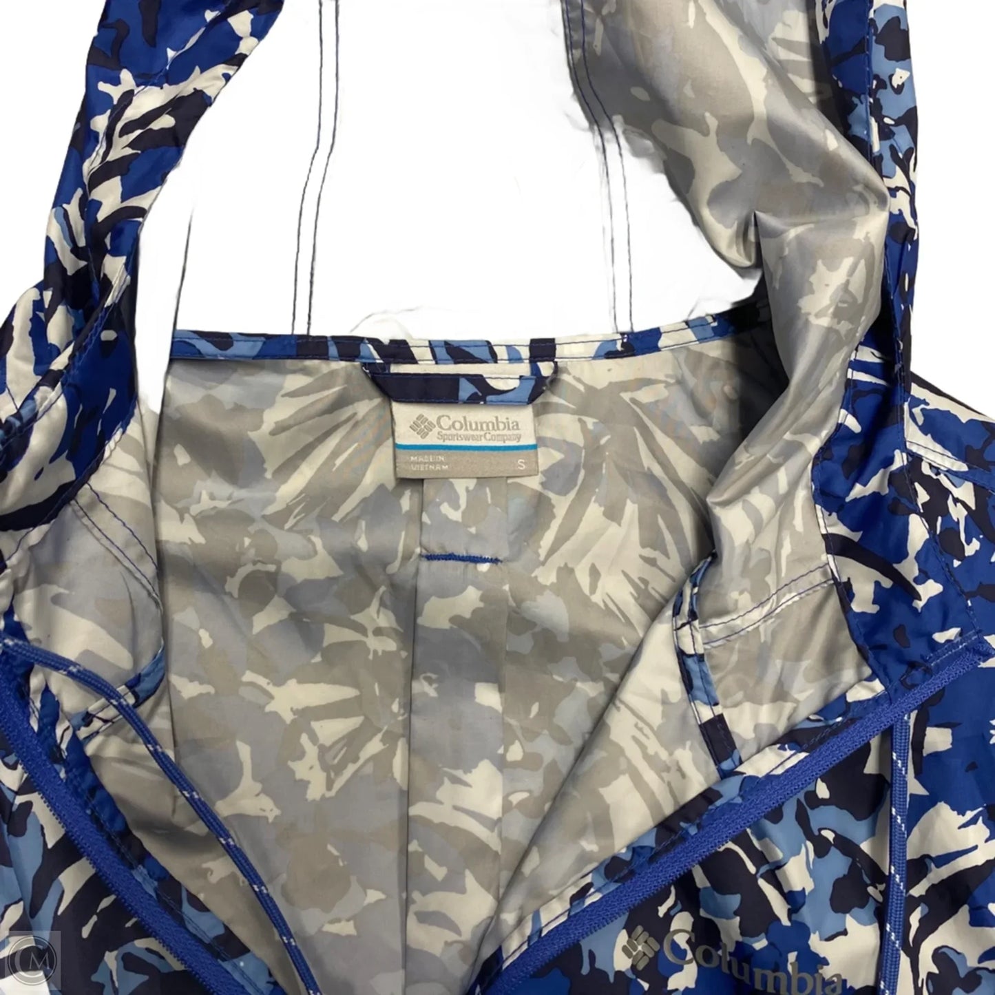 Jacket Windbreaker By Columbia In Blue & White, Size: S