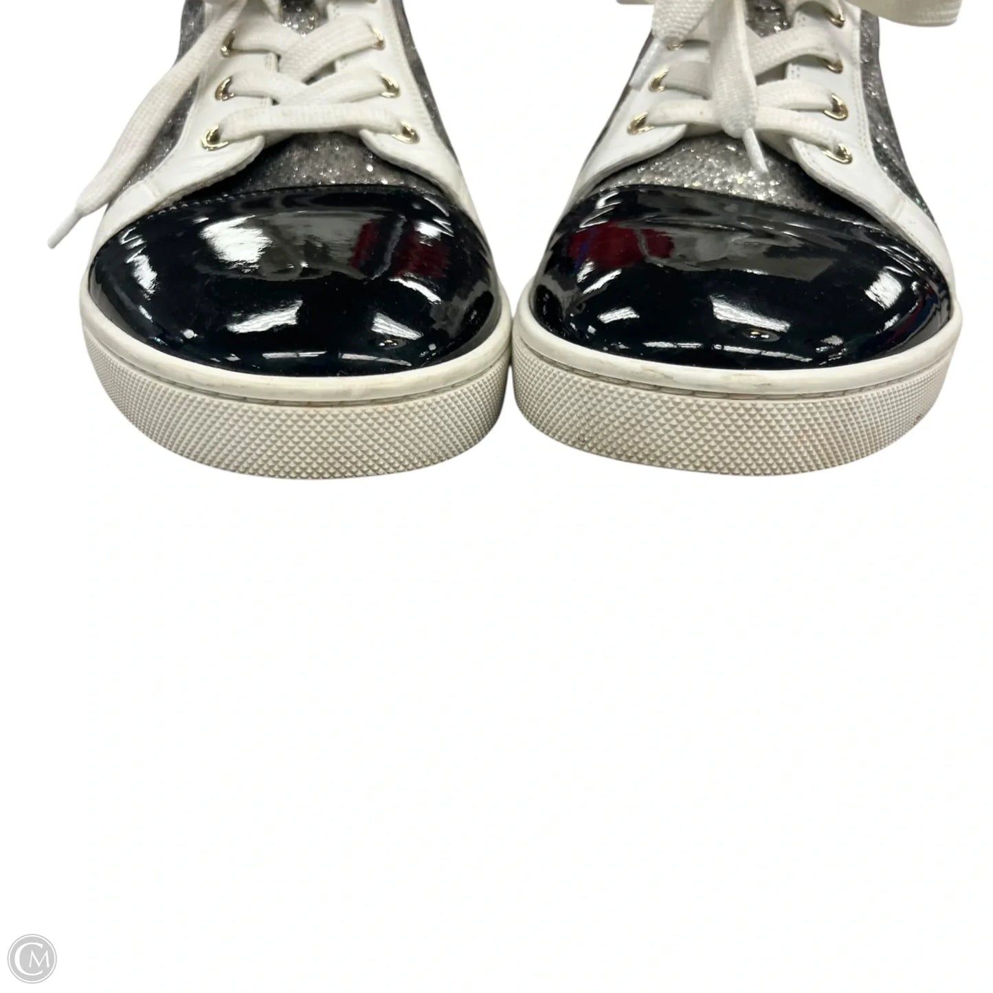 Shoes Luxury Designer By Christian Louboutin In Black & Gold, Size: 9