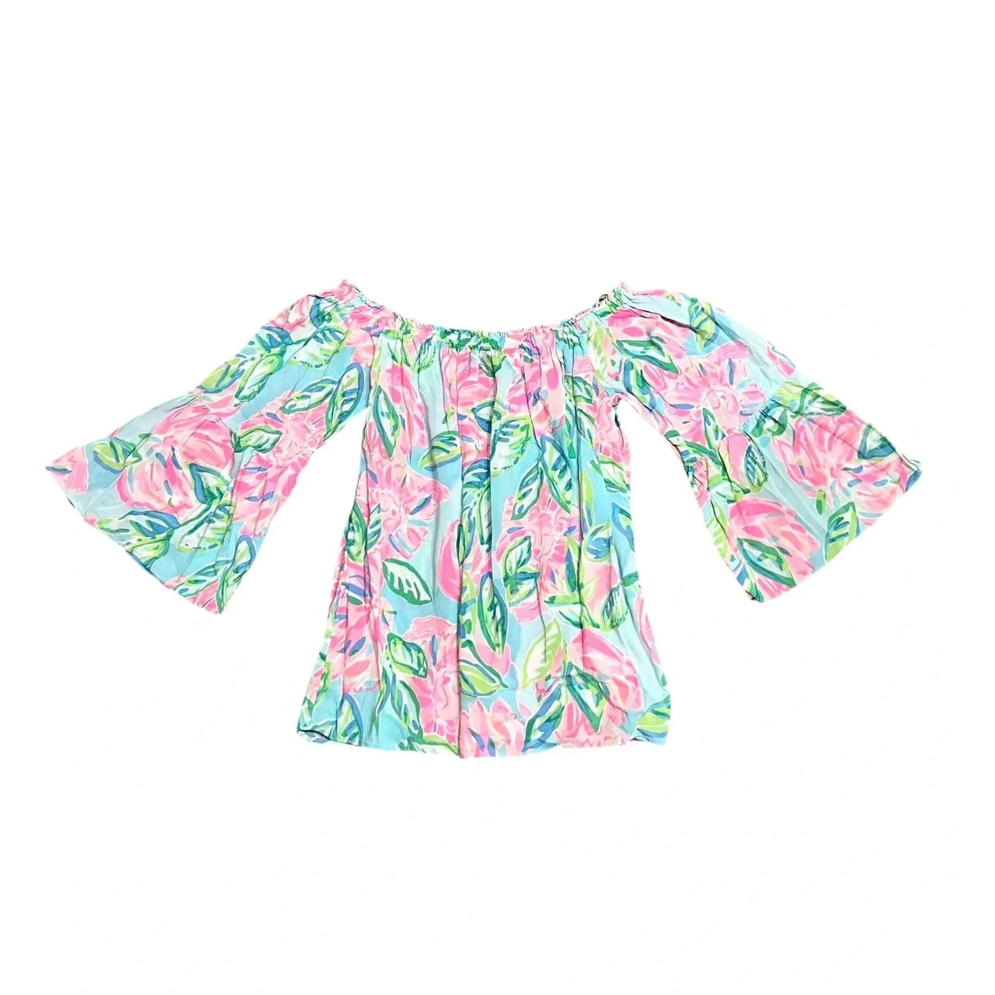 Top Short Sleeve Designer By Lilly Pulitzer In Blue & Pink, Size: S
