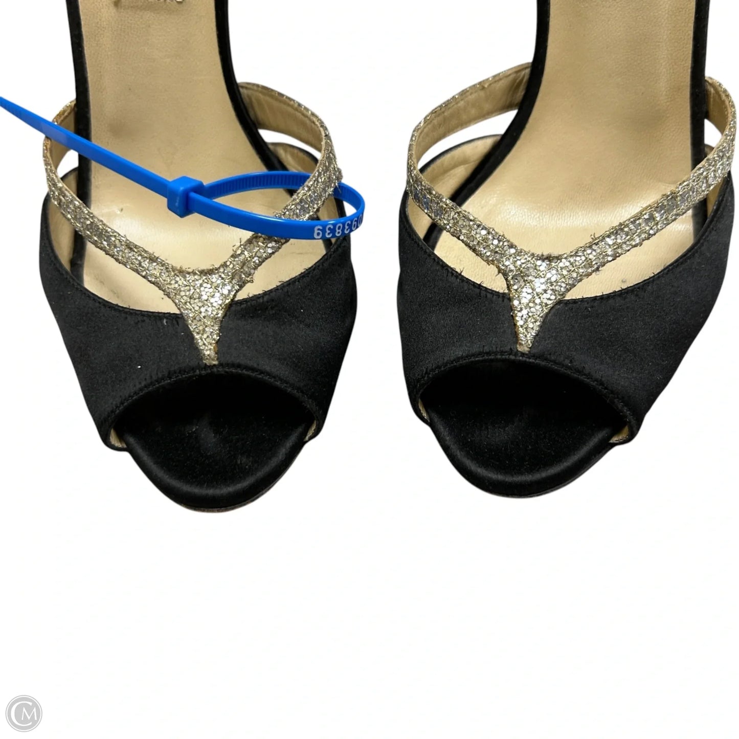Sandals Luxury Designer By Jimmy Choo In Black & Gold, Size: 6.5