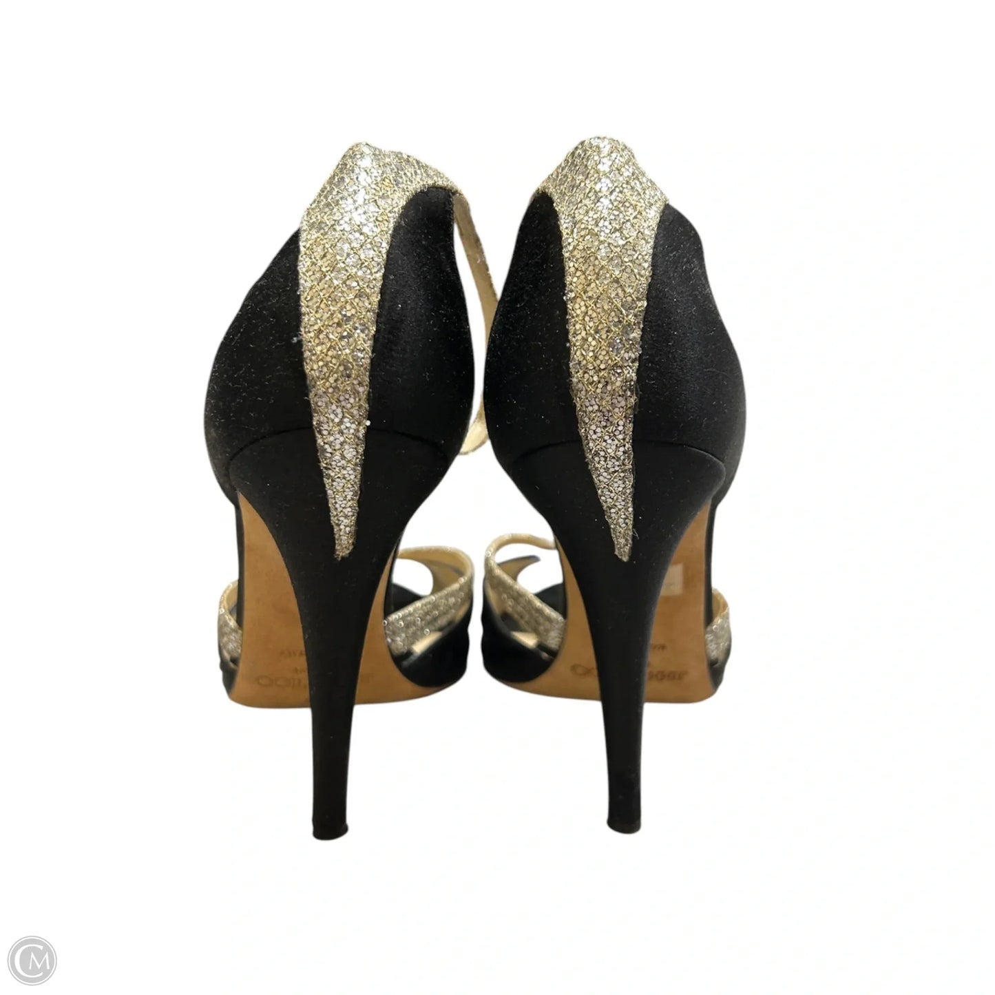 Sandals Luxury Designer By Jimmy Choo In Black & Gold, Size: 6.5