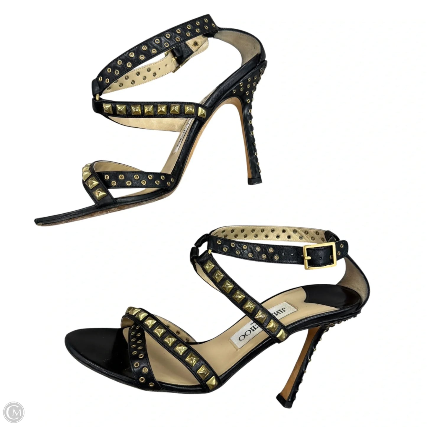 Sandals Luxury Designer By Jimmy Choo In Black & Gold, Size: 7