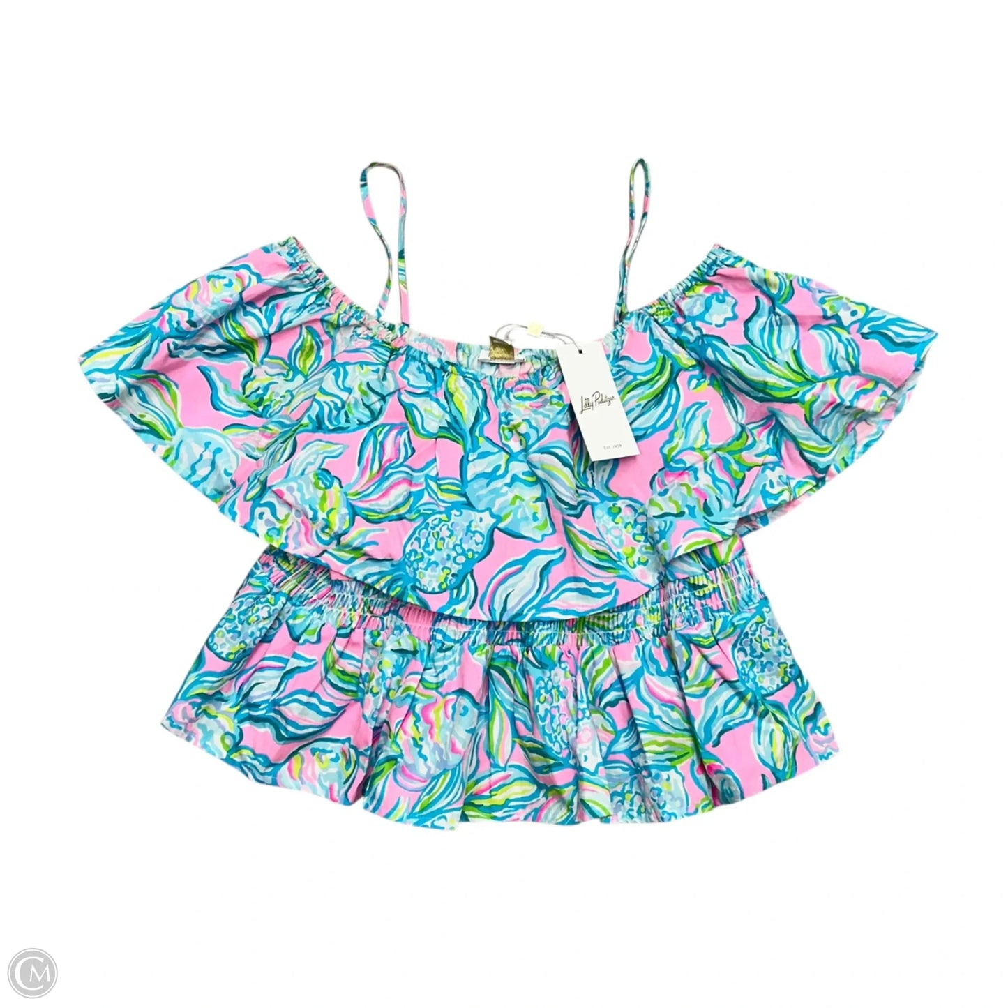 Top Short Sleeve Designer By Lilly Pulitzer In Blue & Pink, Size: L