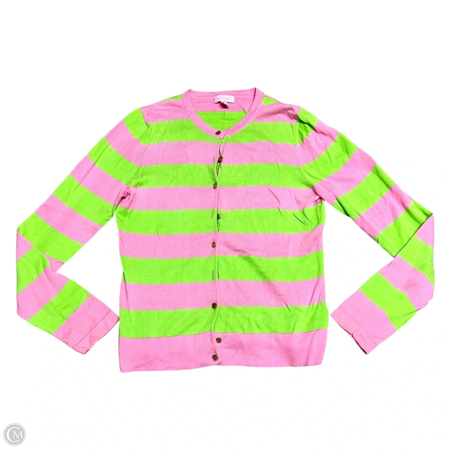 Sweater Cardigan Designer By Lilly Pulitzer In Green & Pink, Size: M
