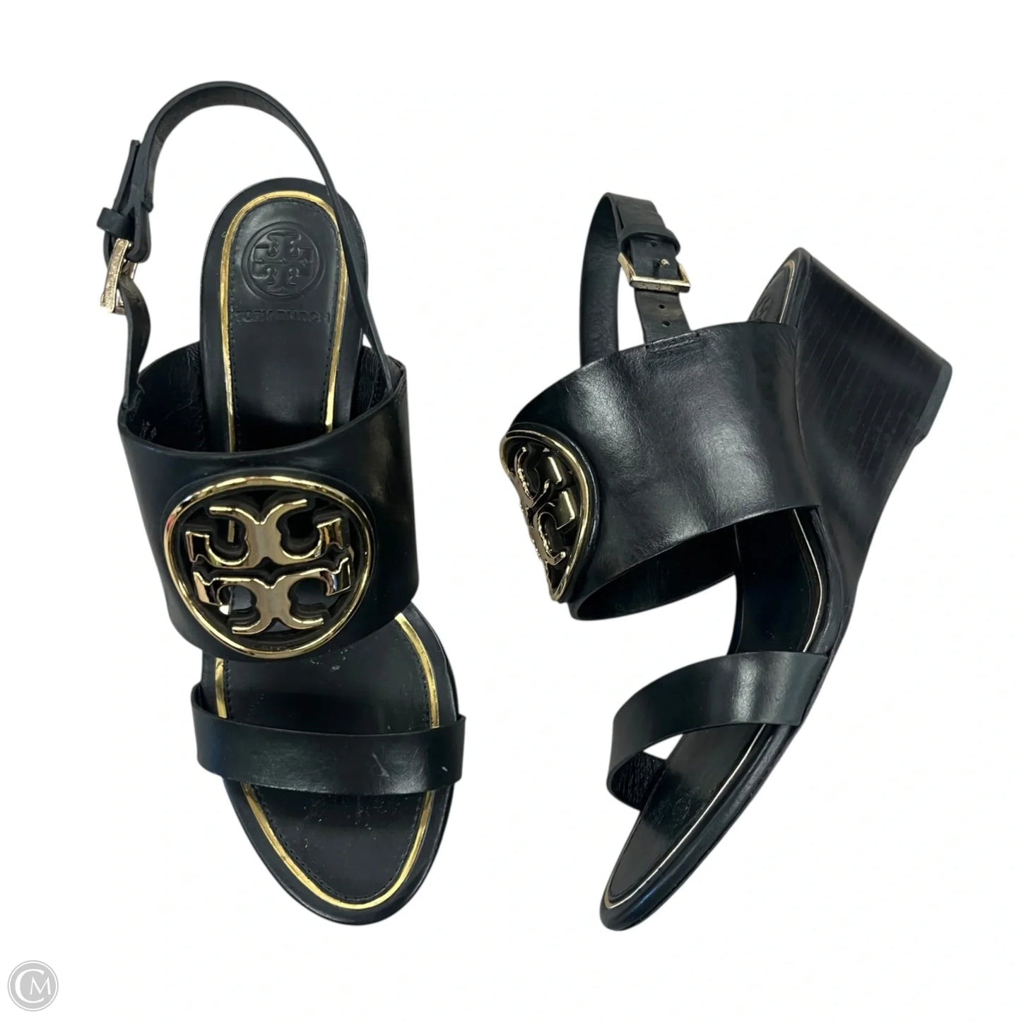 Sandals Designer By Tory Burch In Black & Gold, Size: 6