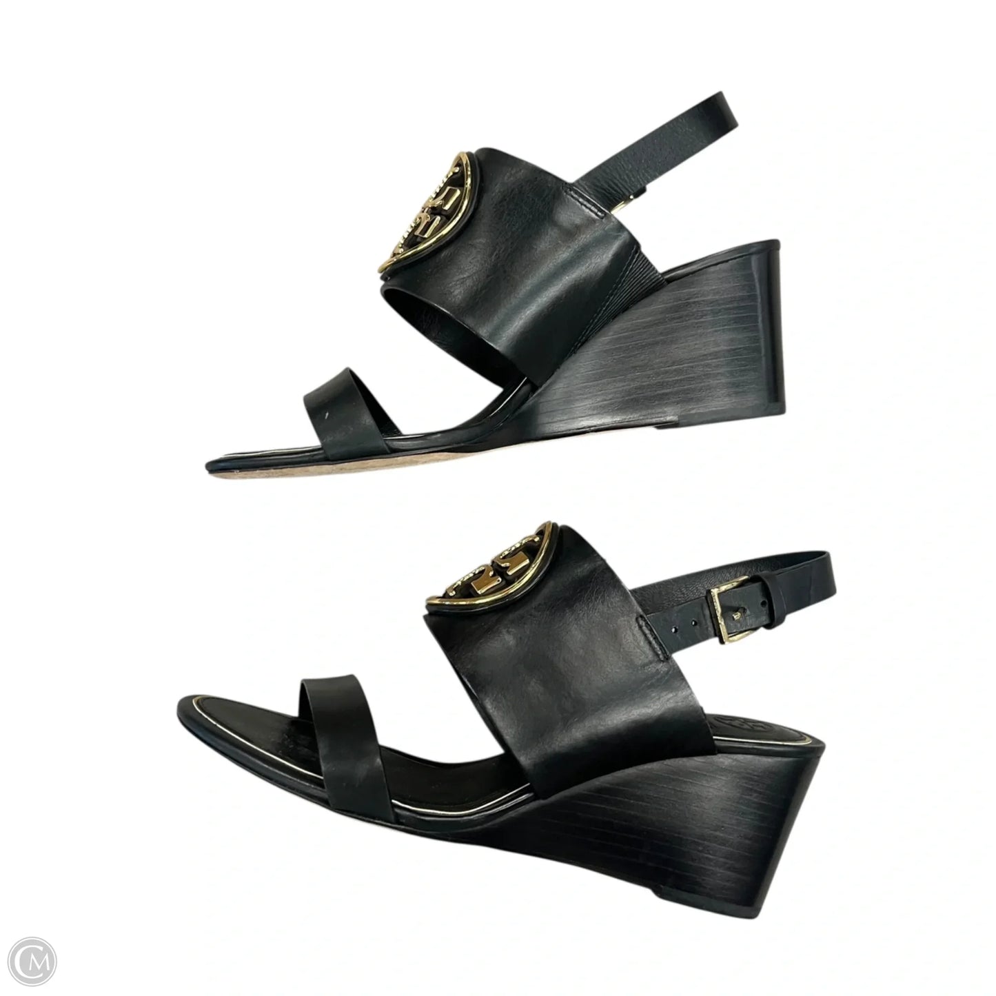 Sandals Designer By Tory Burch In Black & Gold, Size: 6