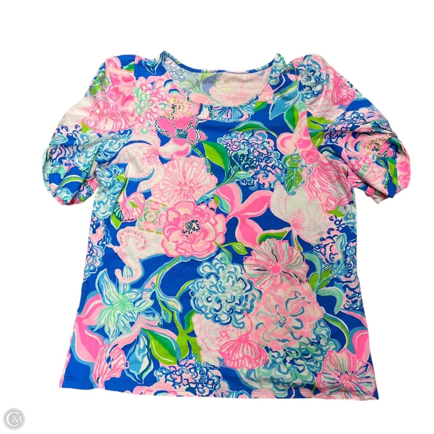 Top Short Sleeve Designer By Lilly Pulitzer In Blue & Pink, Size: L