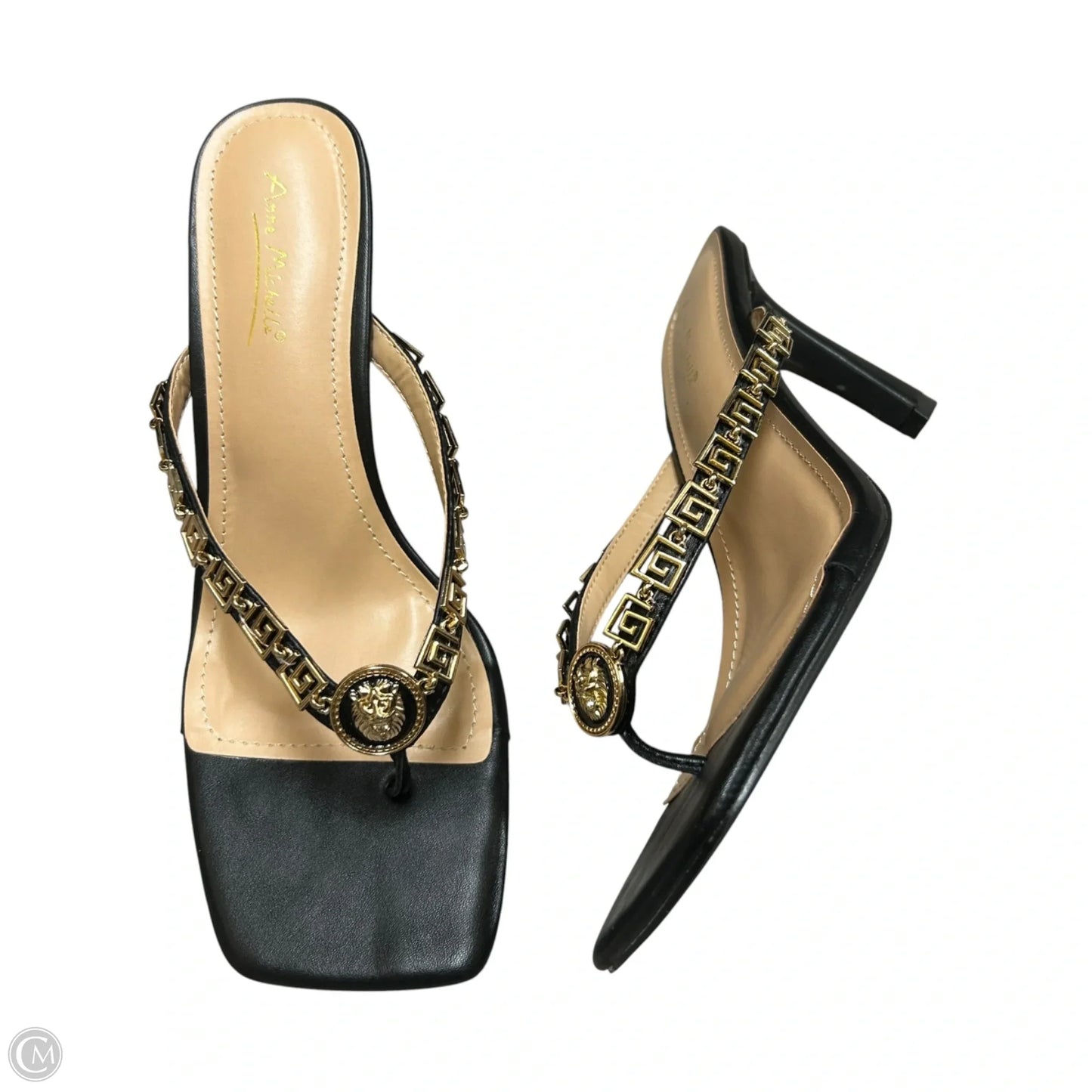Sandals Heels Kitten By Anne Michelle In Black & Gold, Size: 9