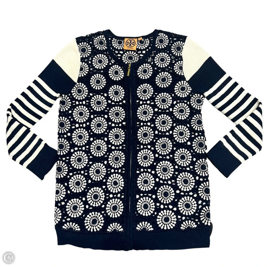 Sweater Cardigan Designer By Tory Burch In Blue & White, Size: M