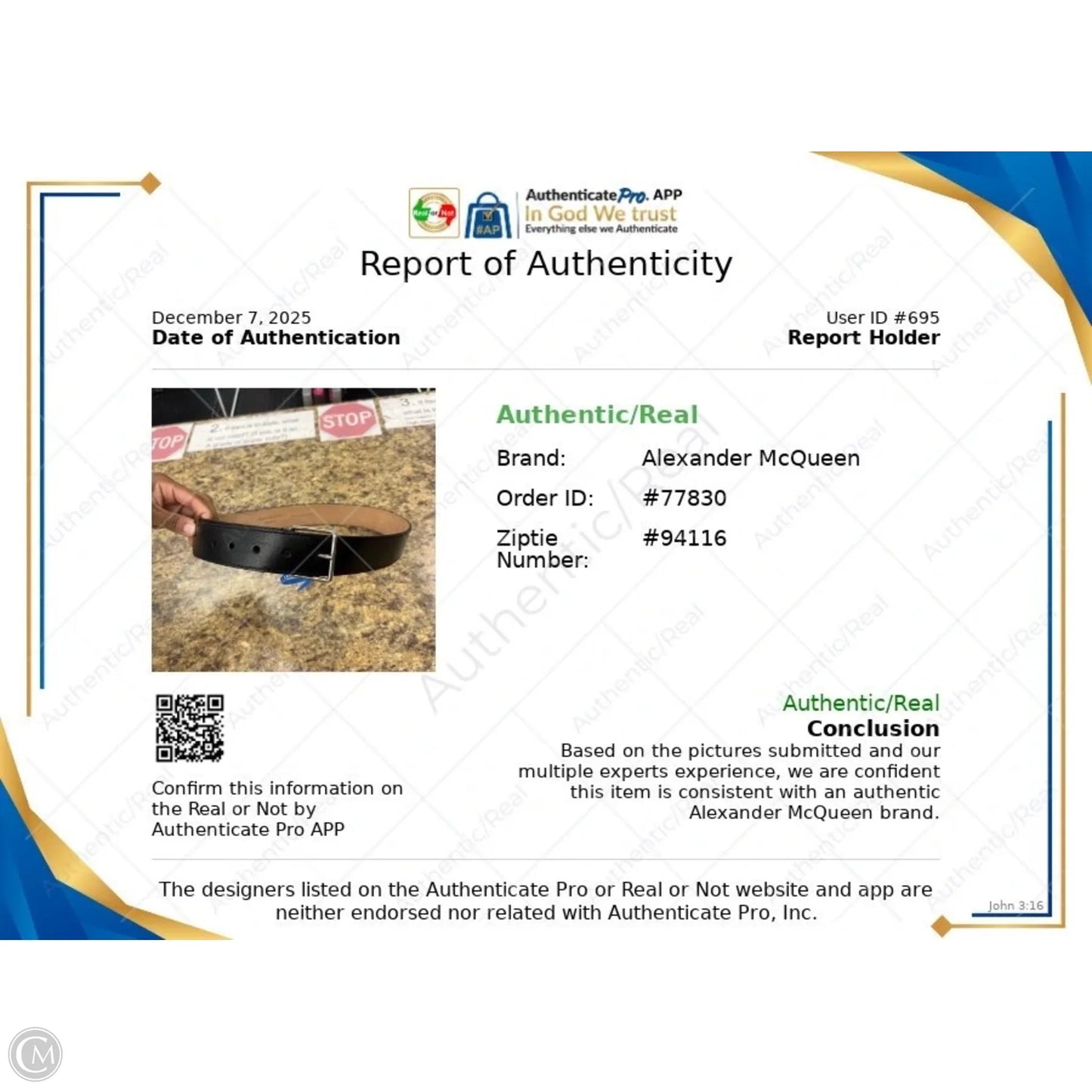 Belt Luxury Designer By Alexander Mcqueen, Size: S