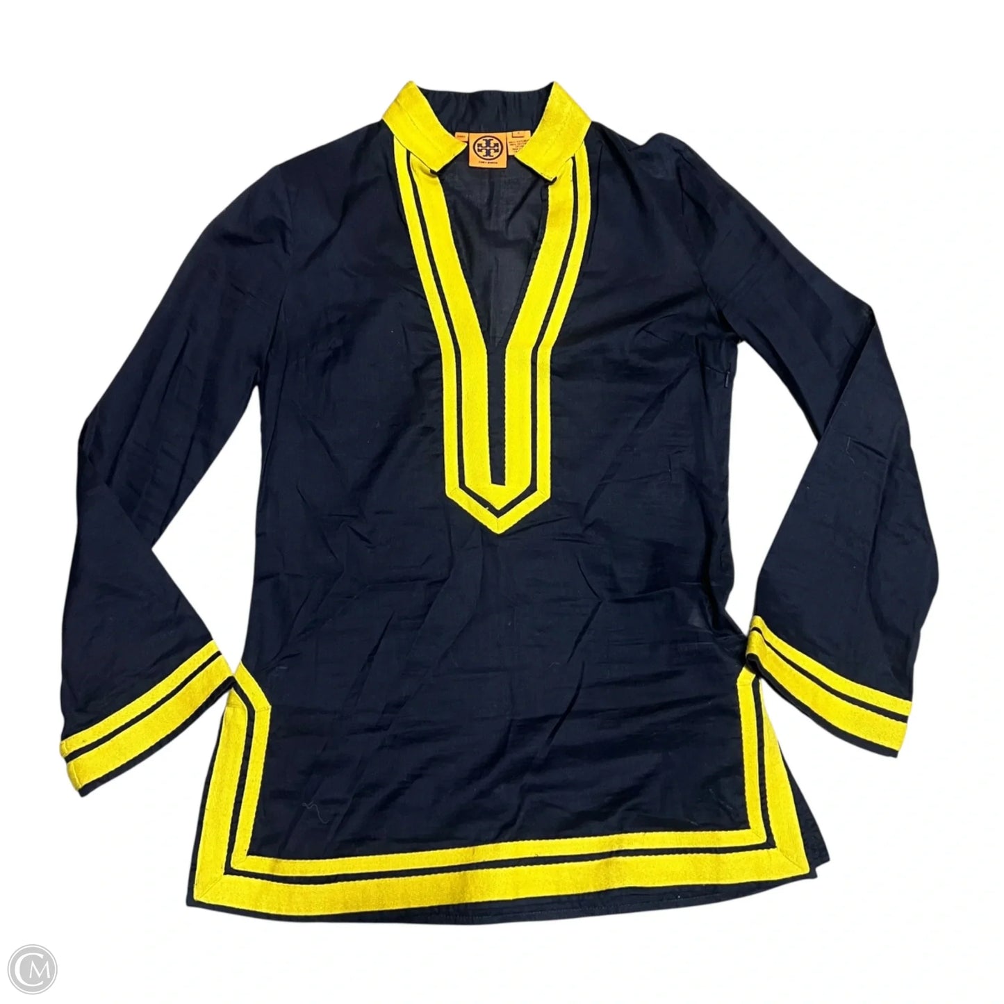 Top Long Sleeve Designer By Tory Burch In Blue & Gold, Size: M