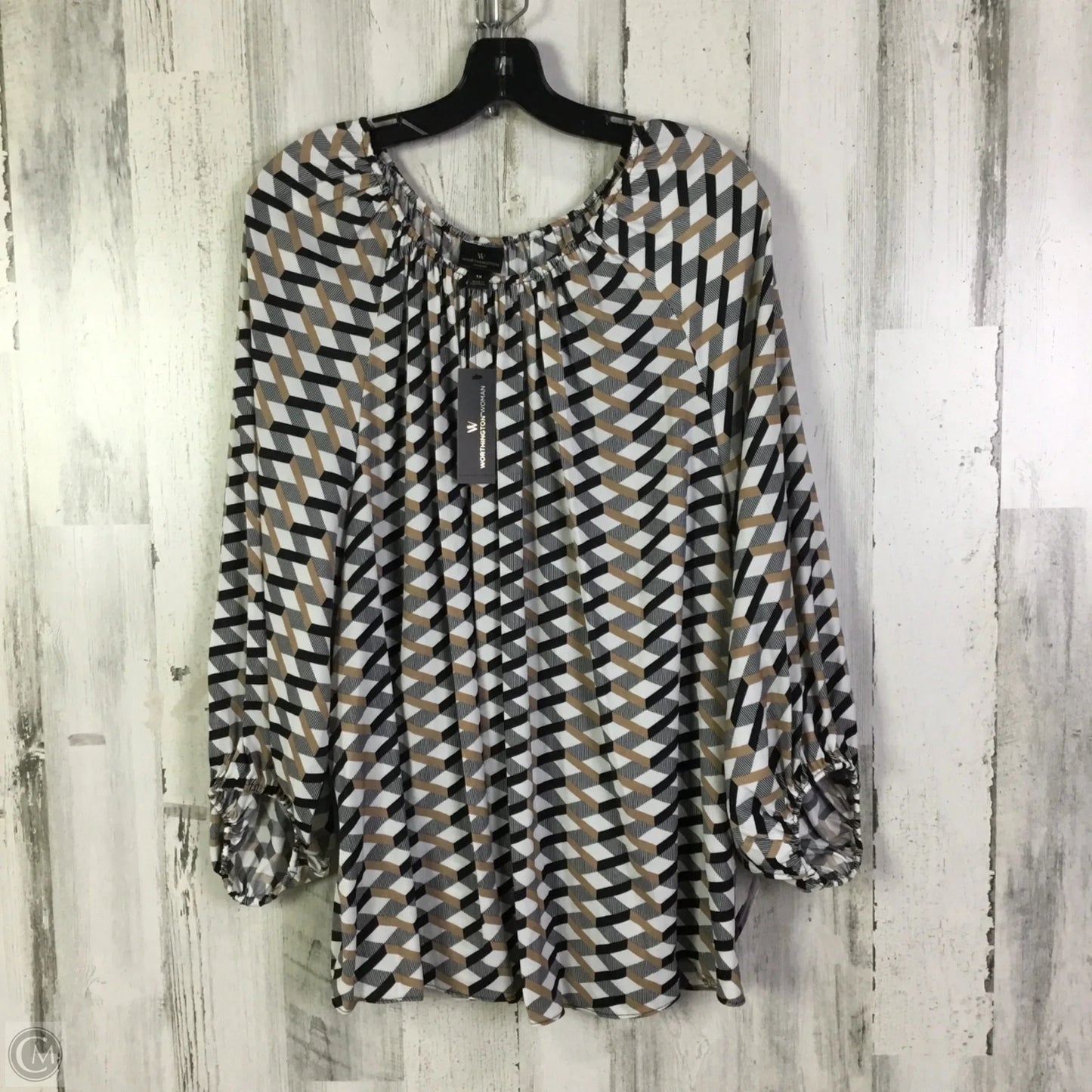 Blouse Long Sleeve By Worthington In Black & Tan, Size: 1x