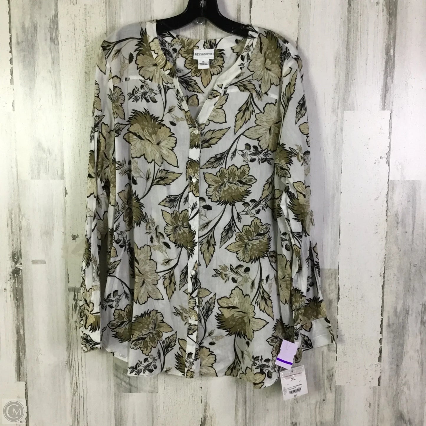 Blouse 3/4 Sleeve By Liz Claiborne In Tan & White, Size: Xxl