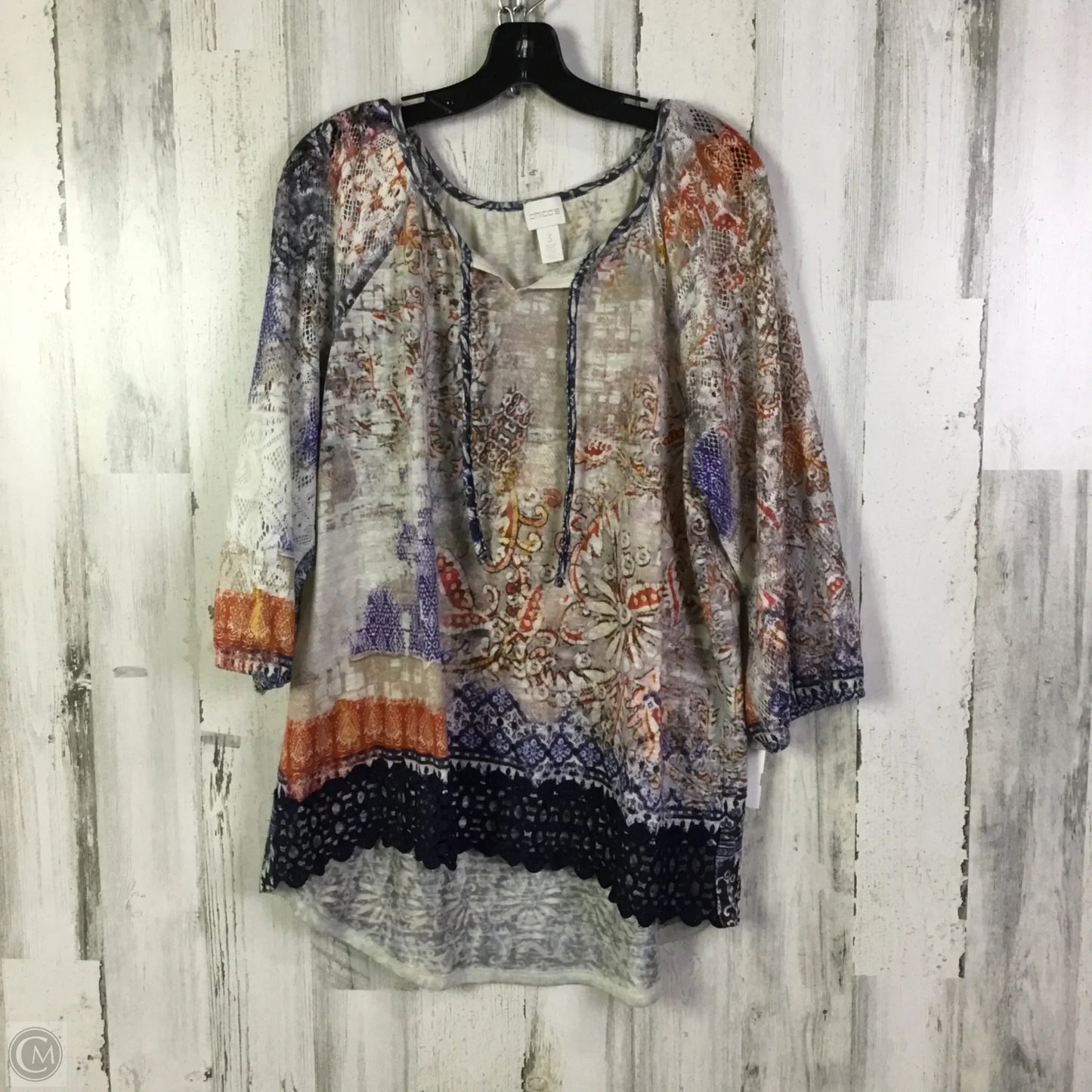 Top 3/4 Sleeve By Chicos In Cream & Purple, Size: Xl
