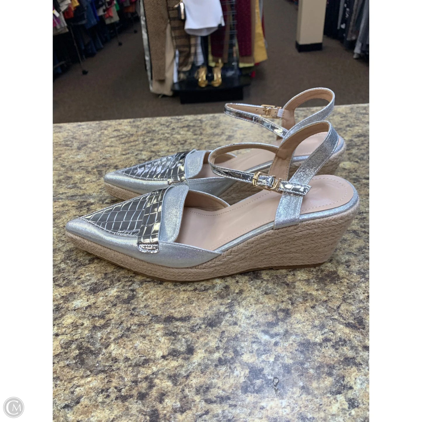 Shoes Heels Wedge By Cmf In Silver, Size: 9.5