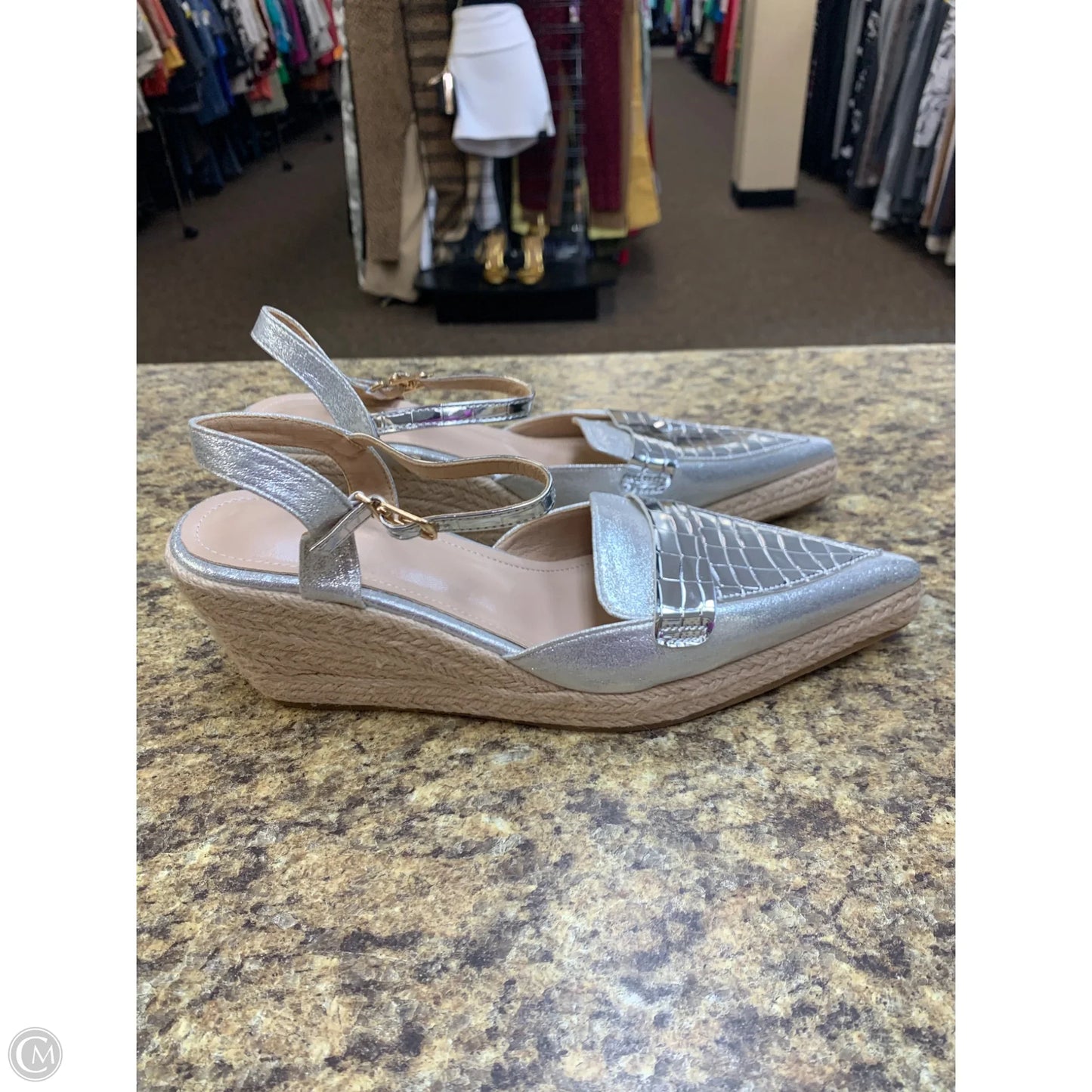 Shoes Heels Wedge By Cmf In Silver, Size: 9.5