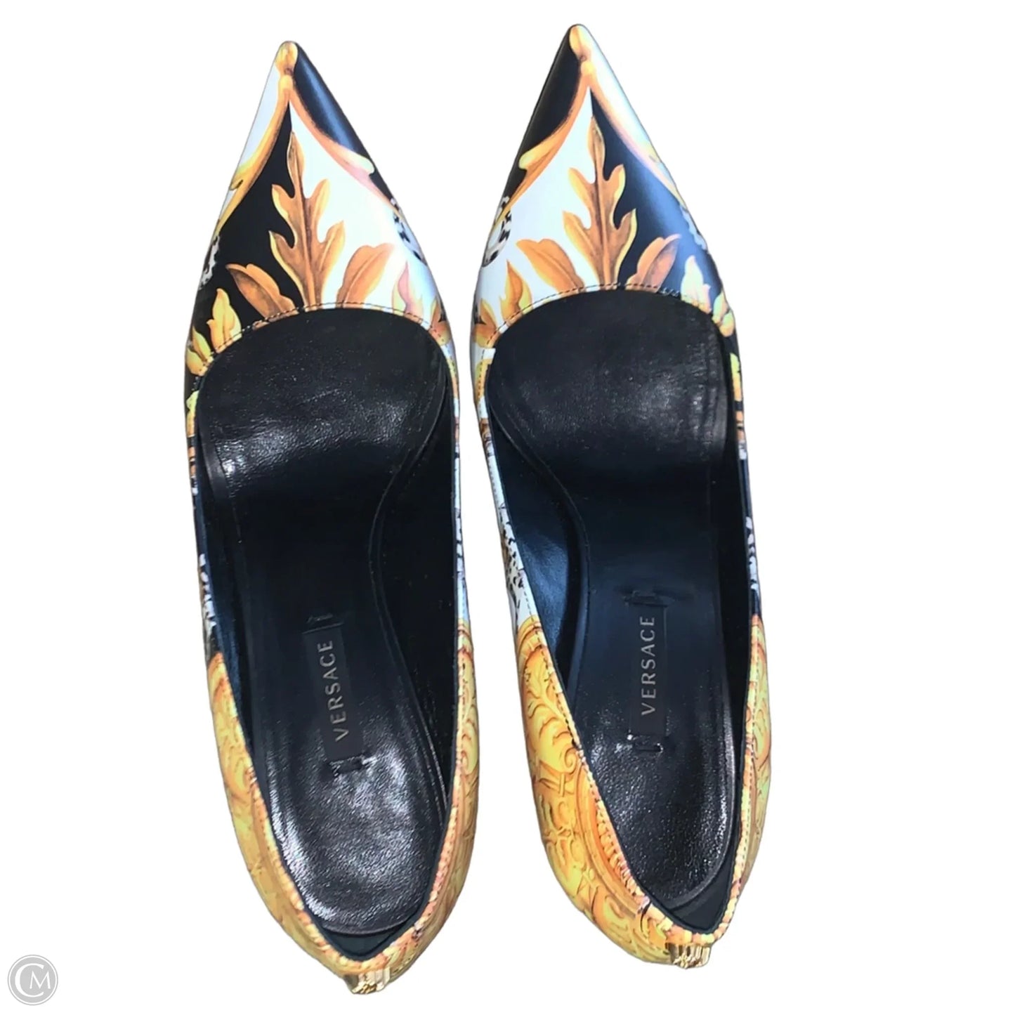 Shoes Luxury Designer By Versace In Gold & White, Size: 6