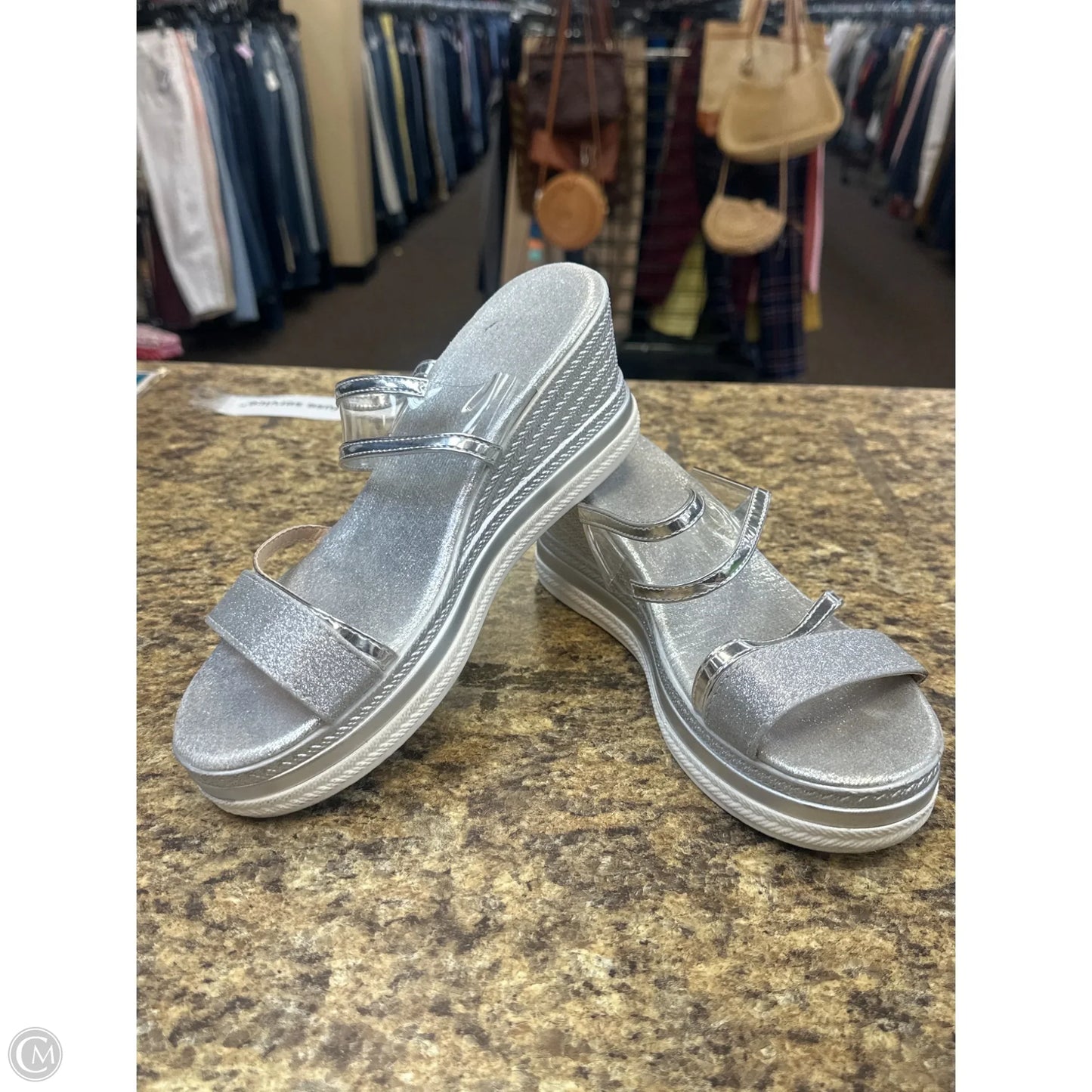 Sandals Heels Wedge By Cmf In Silver, Size: 8.5