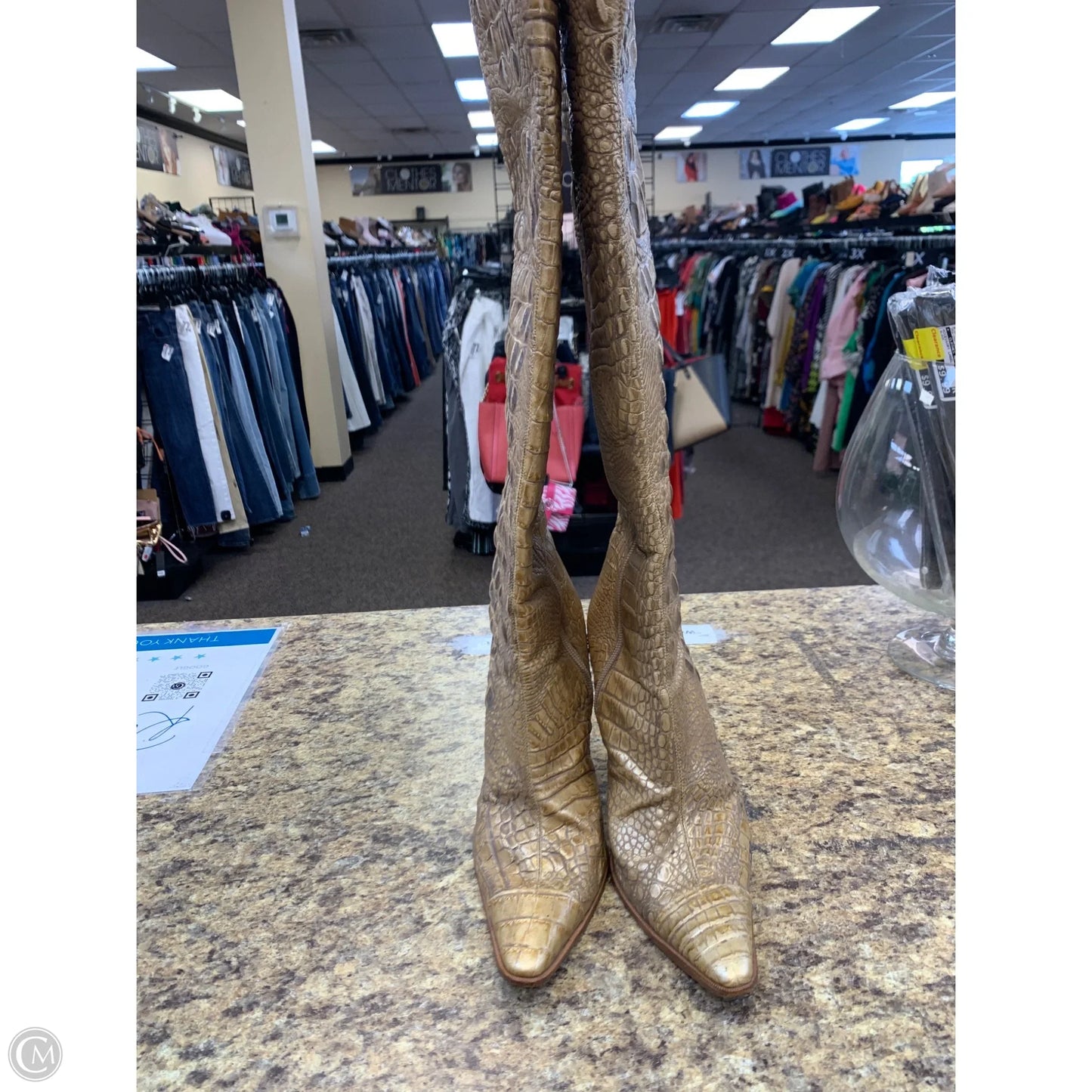 Boots Knee Heels By Cmf In Gold, Size: 9