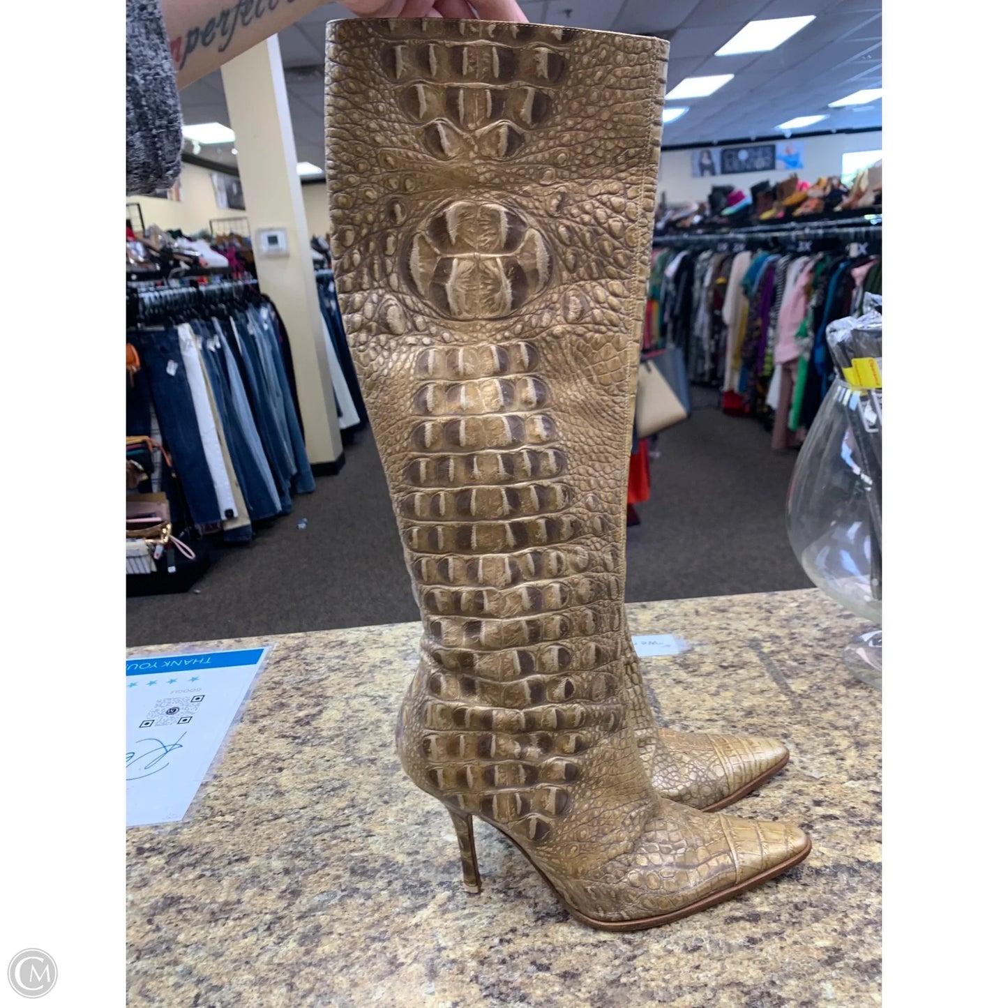 Boots Knee Heels By Cmf In Gold, Size: 9