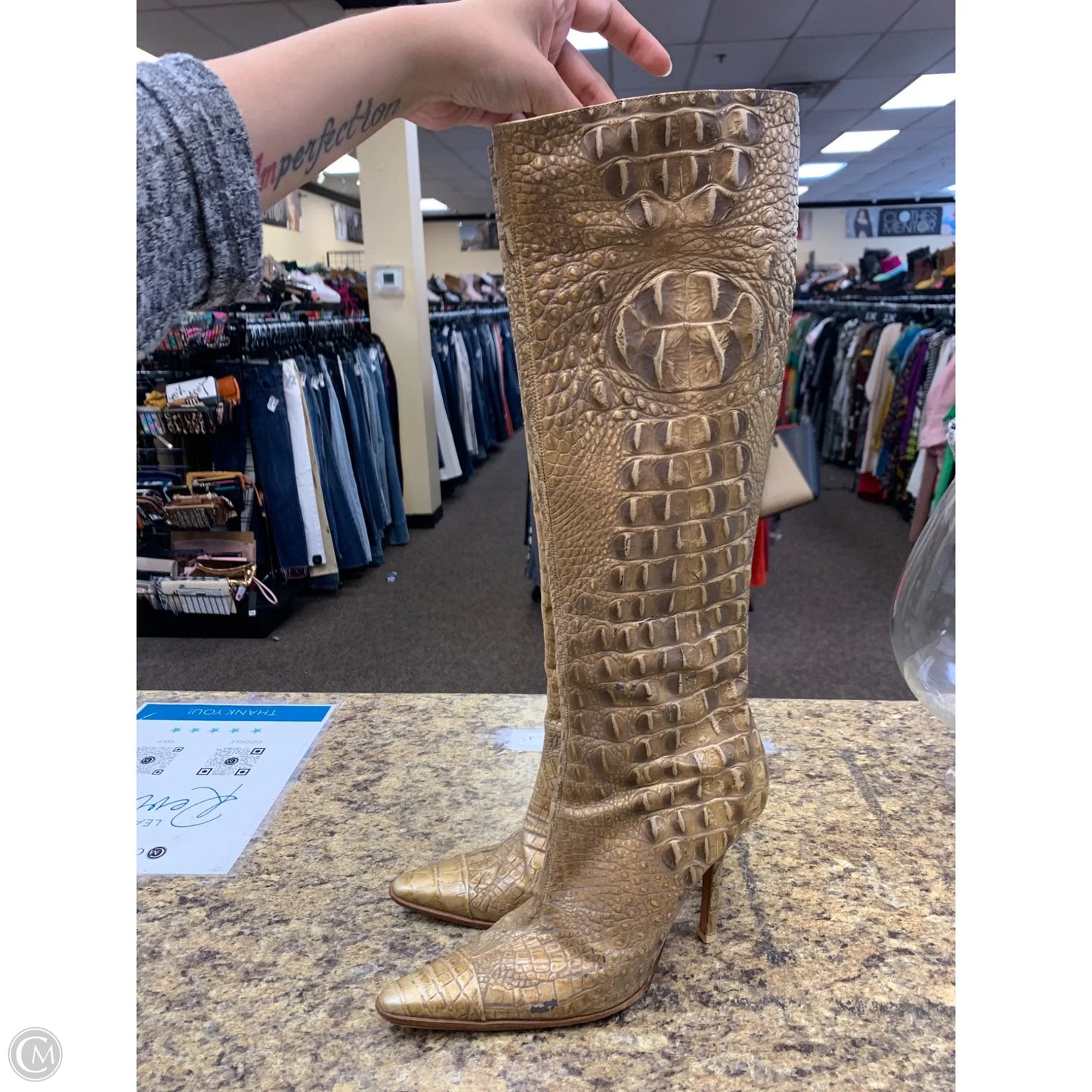 Boots Knee Heels By Cmf In Gold, Size: 9