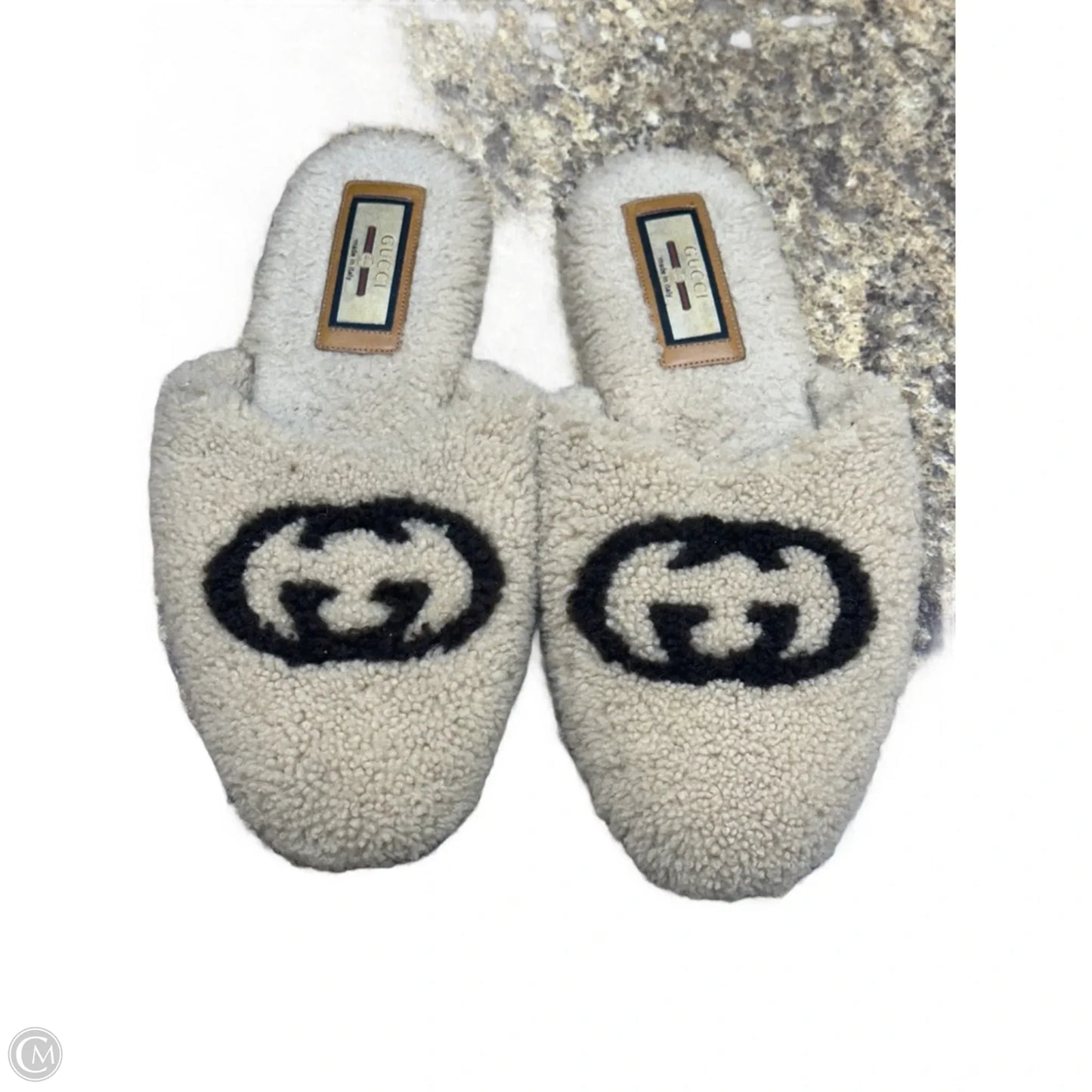 Slippers Luxury Designer By Gucci In Brown & Cream, Size: 9