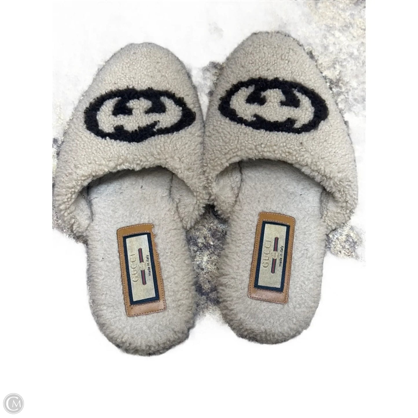 Slippers Luxury Designer By Gucci In Brown & Cream, Size: 9