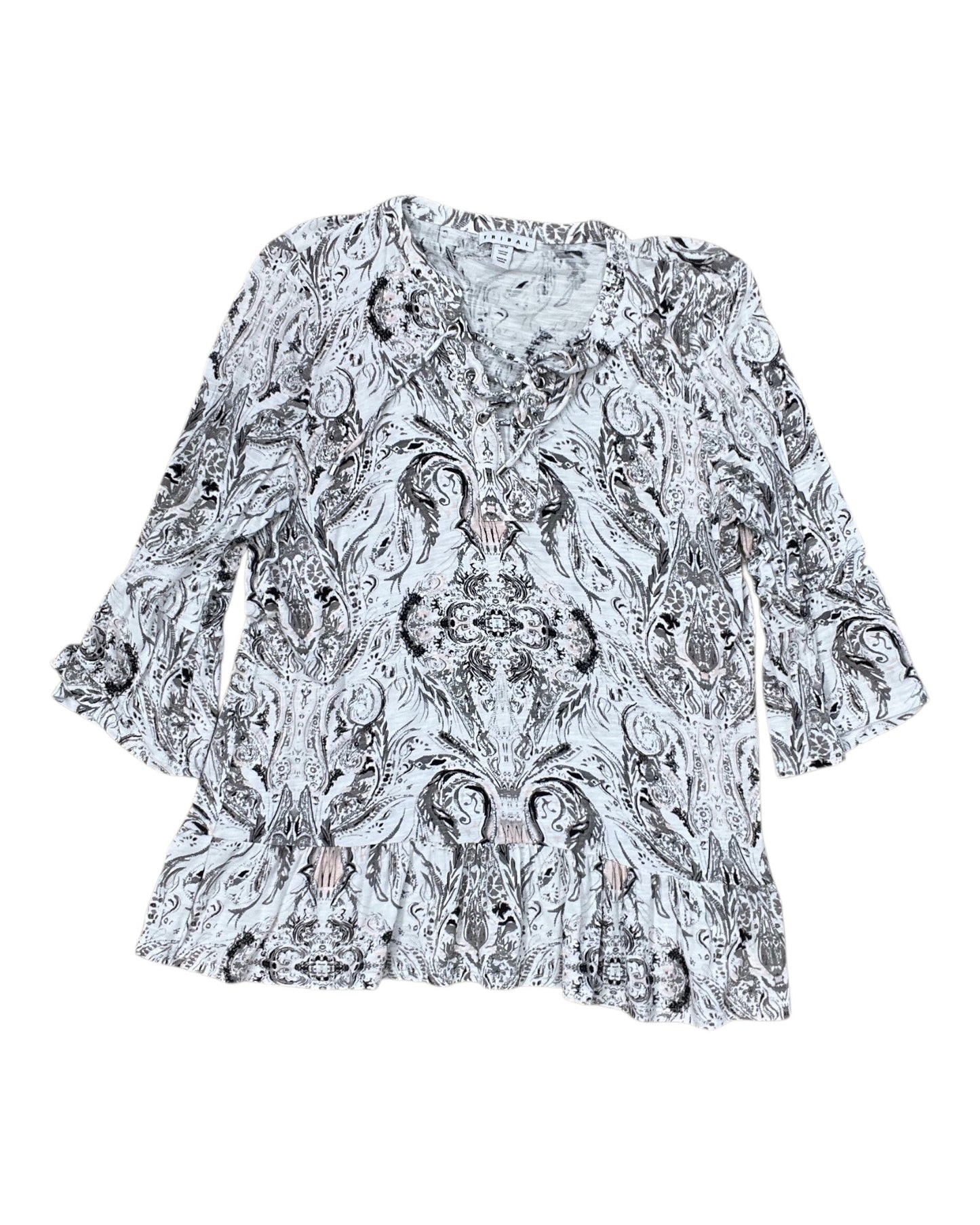 Top 3/4 Sleeve By Tribal In Grey & White, Size:M