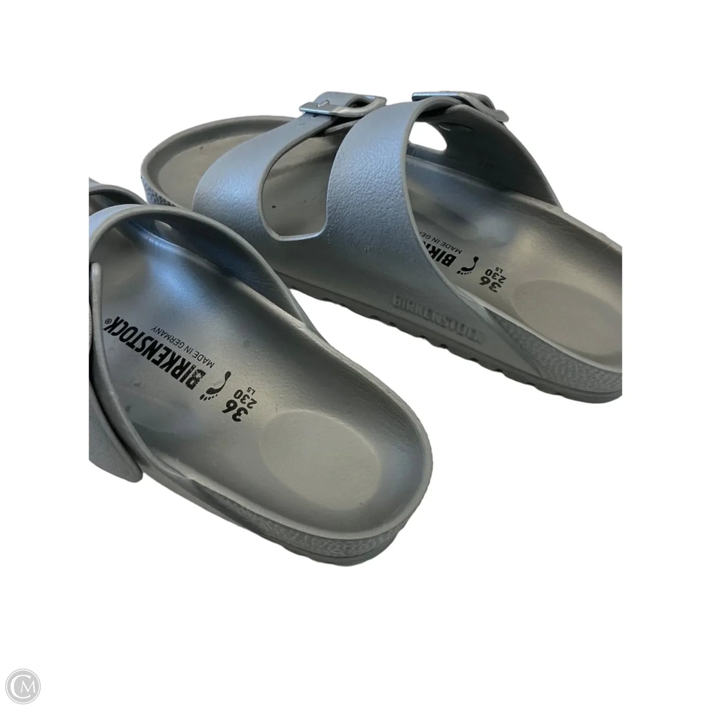 Sandals Flats By Birkenstock In Silver, Size: 5