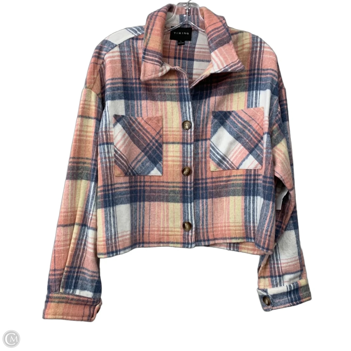 Jacket Shirt By Timing In Plaid Pattern, Size: L