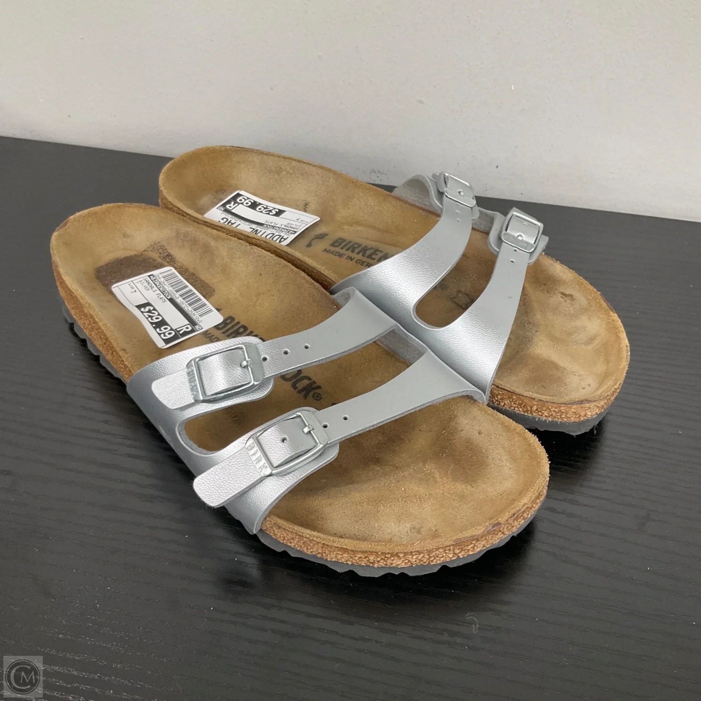 Sandals Flats By Birkenstock In Silver, Size: 7