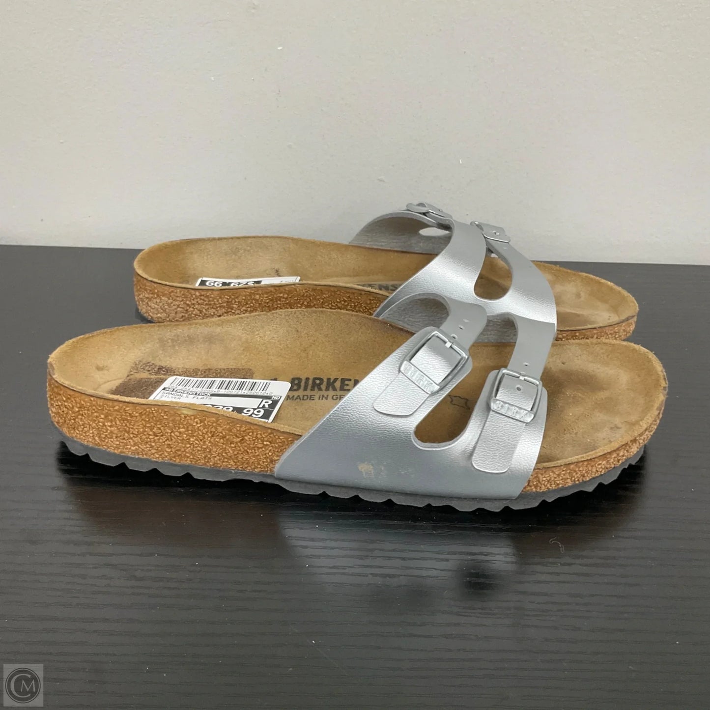 Sandals Flats By Birkenstock In Silver, Size: 7