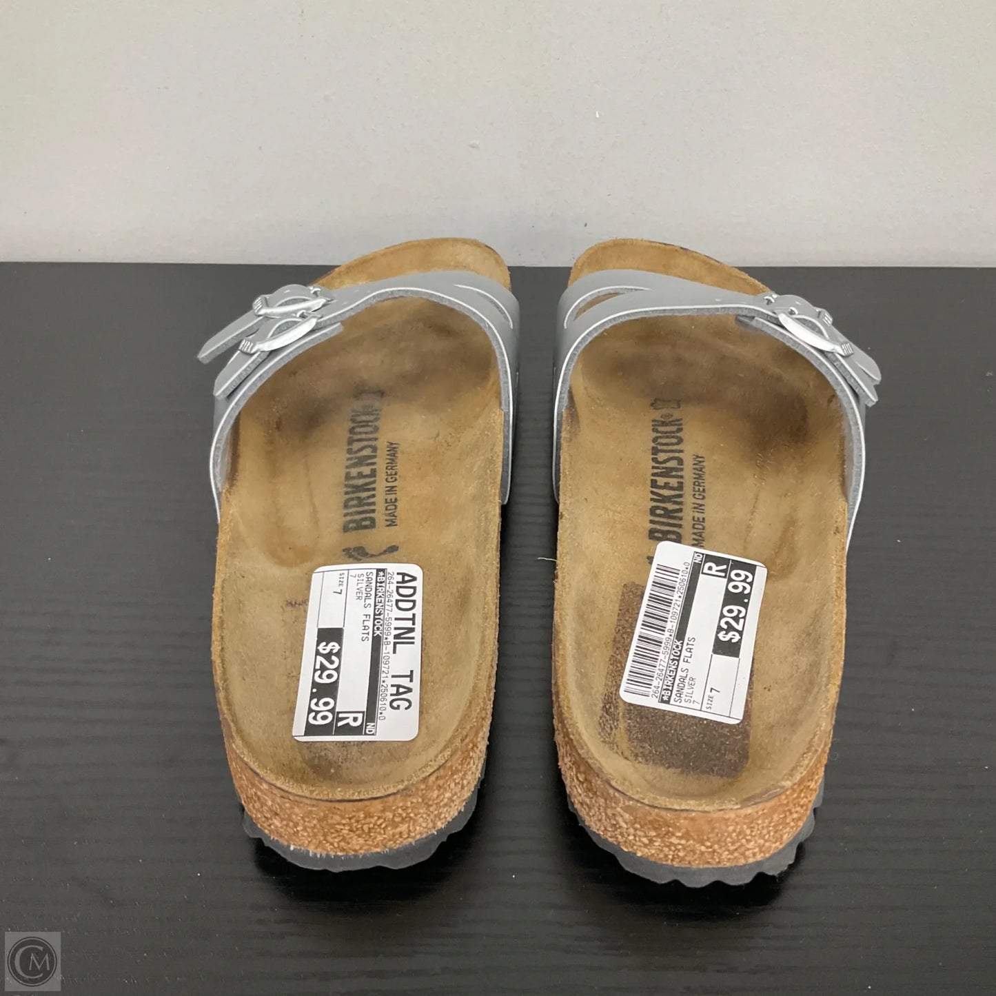 Sandals Flats By Birkenstock In Silver, Size: 7