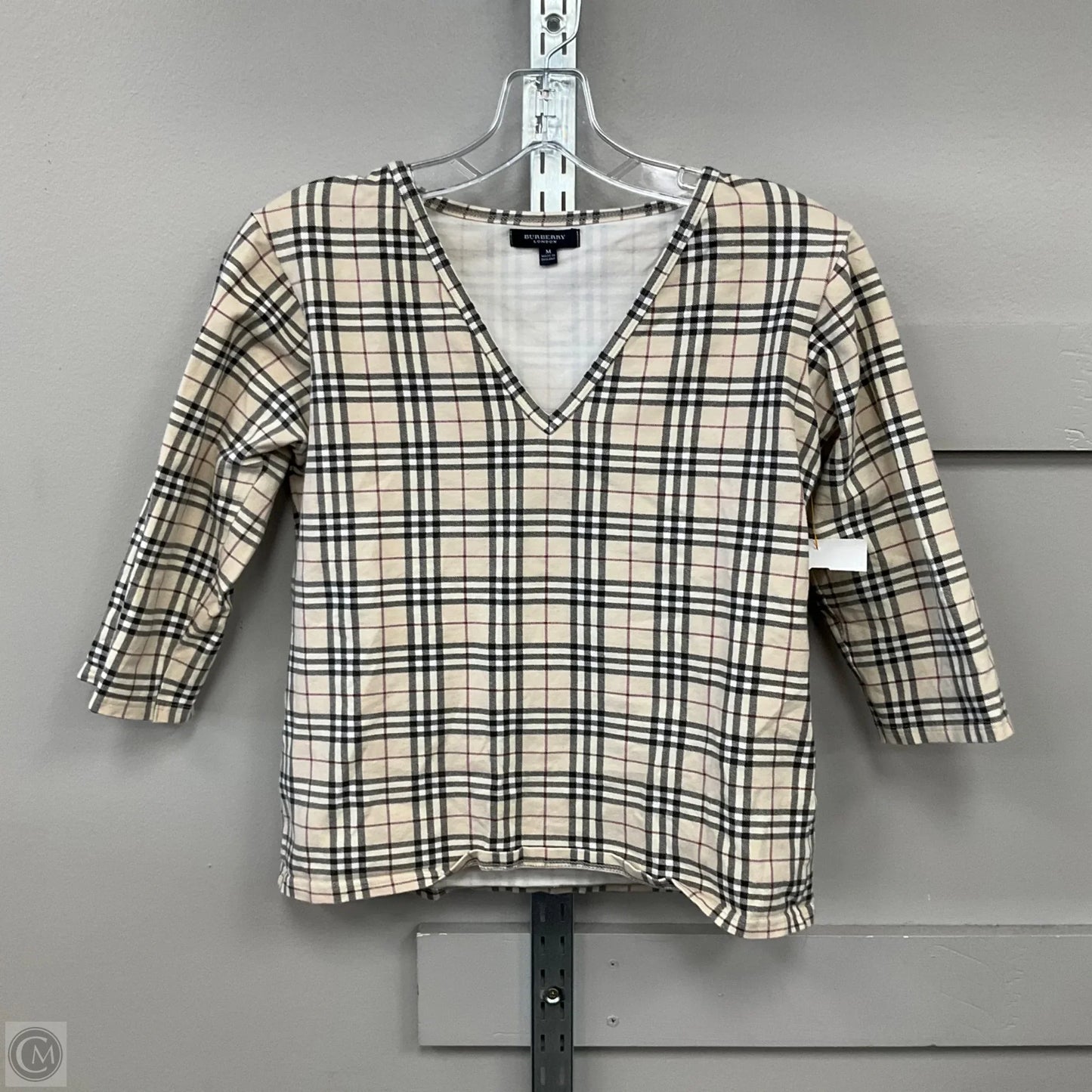 Top Long Sleeve Luxury Designer By Burberry In Plaid Pattern, Size: M